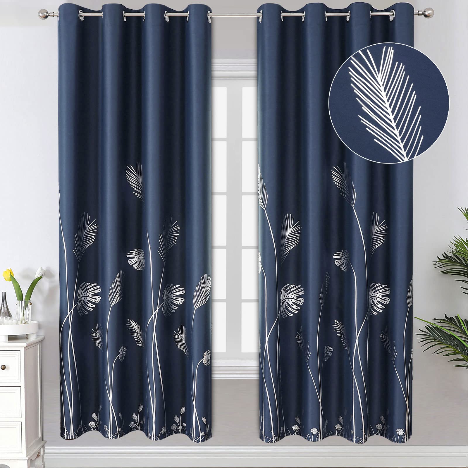Estelar Textiler Navy Blue And Silver Blackout Curtains With Palm Tree Light Blocking Room Darkening Window Curtain Panels For L