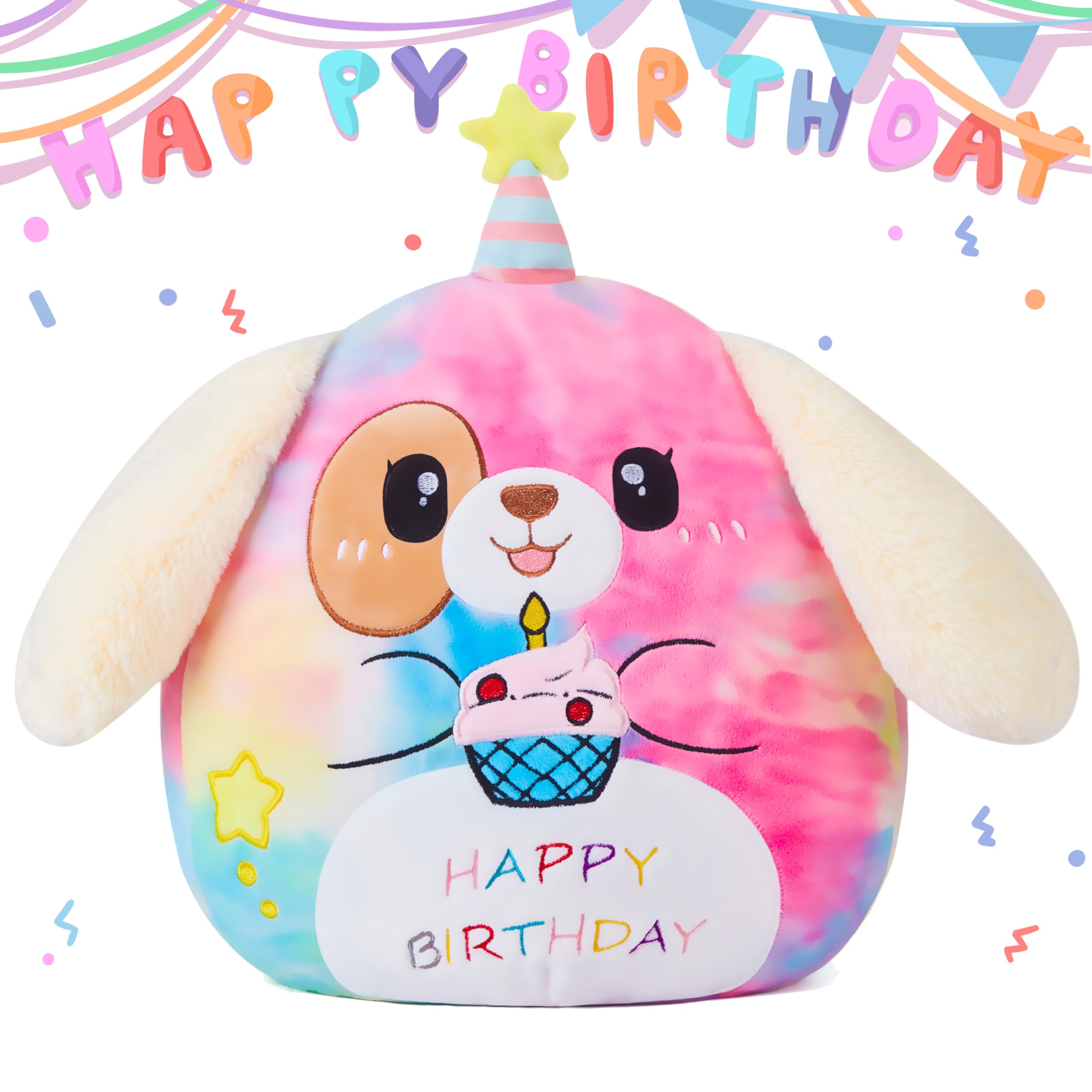 Playnics Original 14.5-Inch Large Happy Birthday Dog Plush Pillow Stuffed Animal Toy Big Size Cute Soft Kawaii Cuddle Huggable P