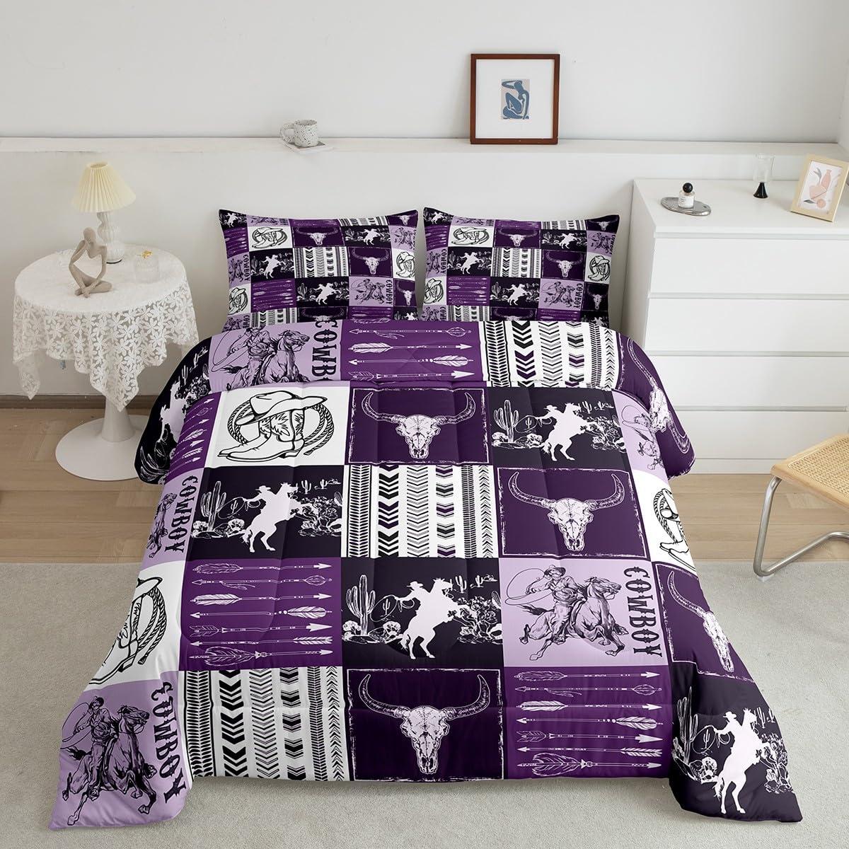 Manfei Cowboy Comforter Set Queen Size, Horse Bull Skull Cowboy Boots Hat Bedding Set 3Pcs, Kids Boys Teens Bedroom Decor, Boho