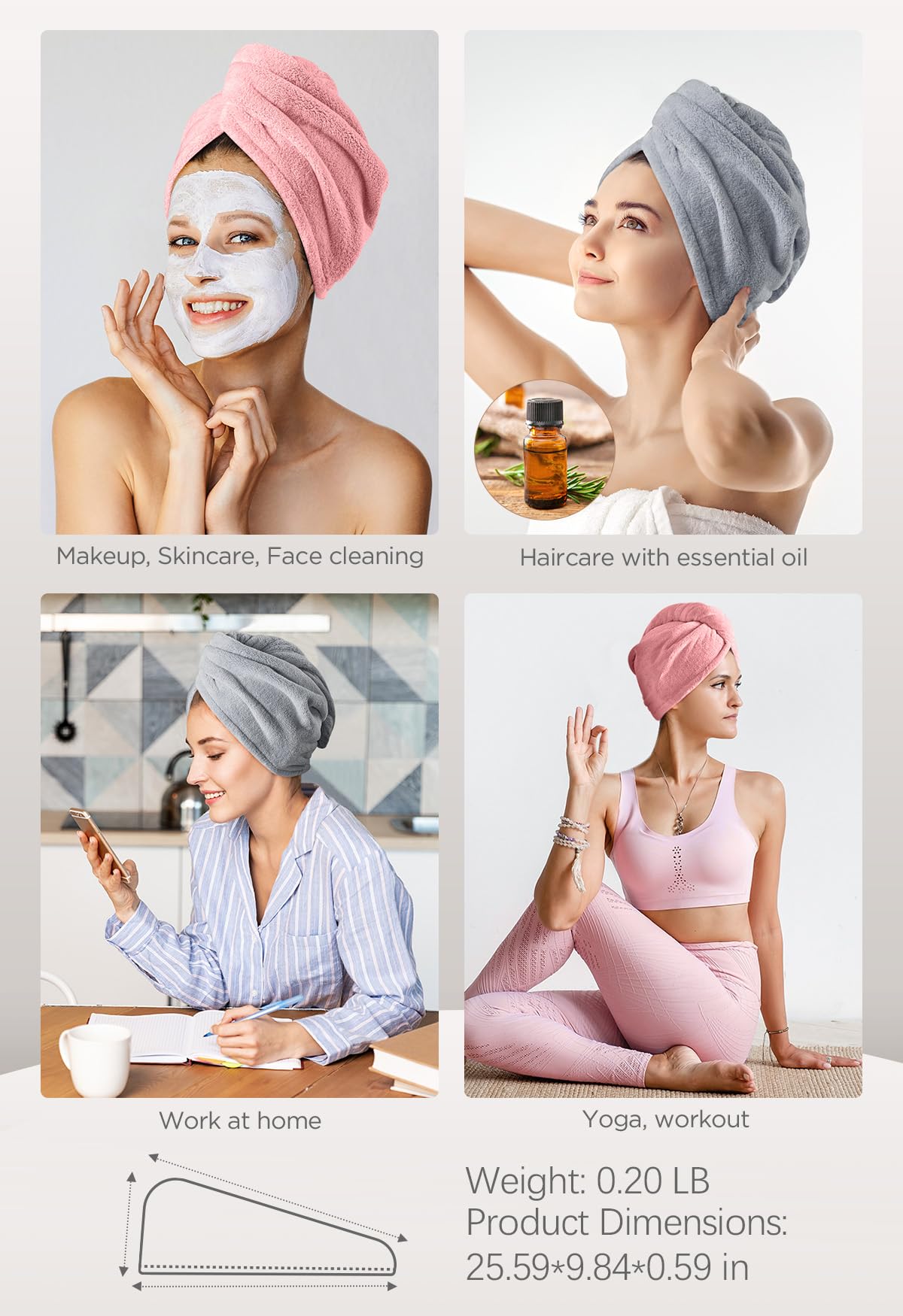 Hicober Microfiber Hair Towel, 2Packs Hair Turbans For Wet Hair, Drying Hair Wrap Towels For Curly Hair Women Anti Frizz(Pink,Gr