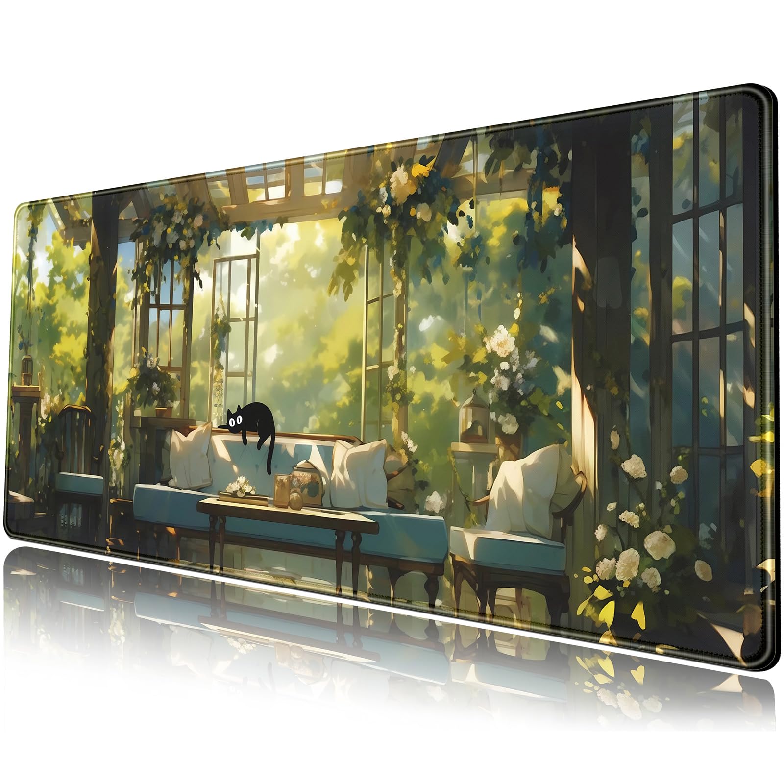 Cute Cat Desk Mat Green Plants Aesthetic Desk Pad Anime Kawaii Gaming Mouse Pad Large Mousepad Extended Xl Laptop Keyboard Mouse