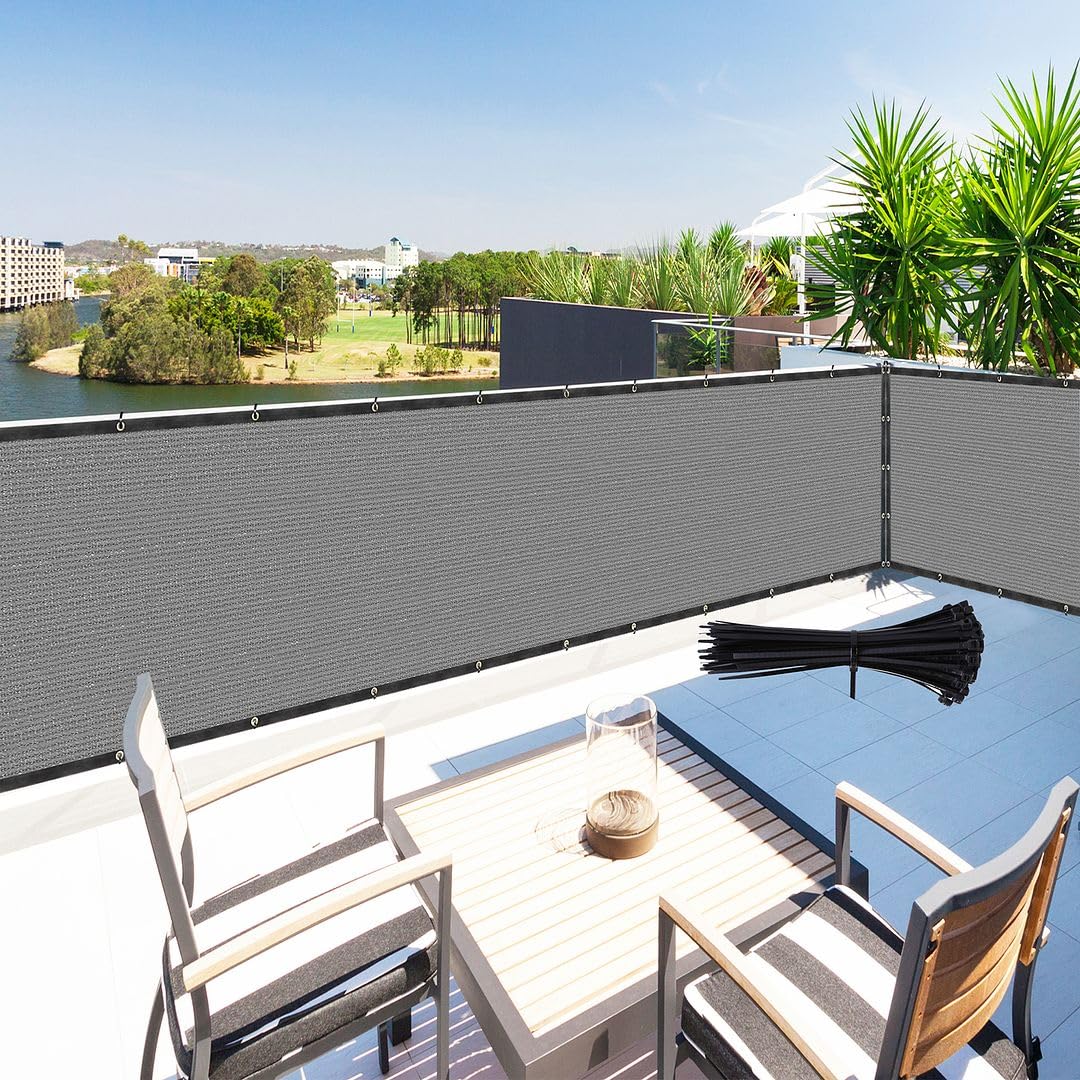 Houssity Zip Cable Ties And Grey 3' X 10' Balcony Deck Fence Privacy Screen Cover Panel Shade Cloth Fabric For Chain Link Fence