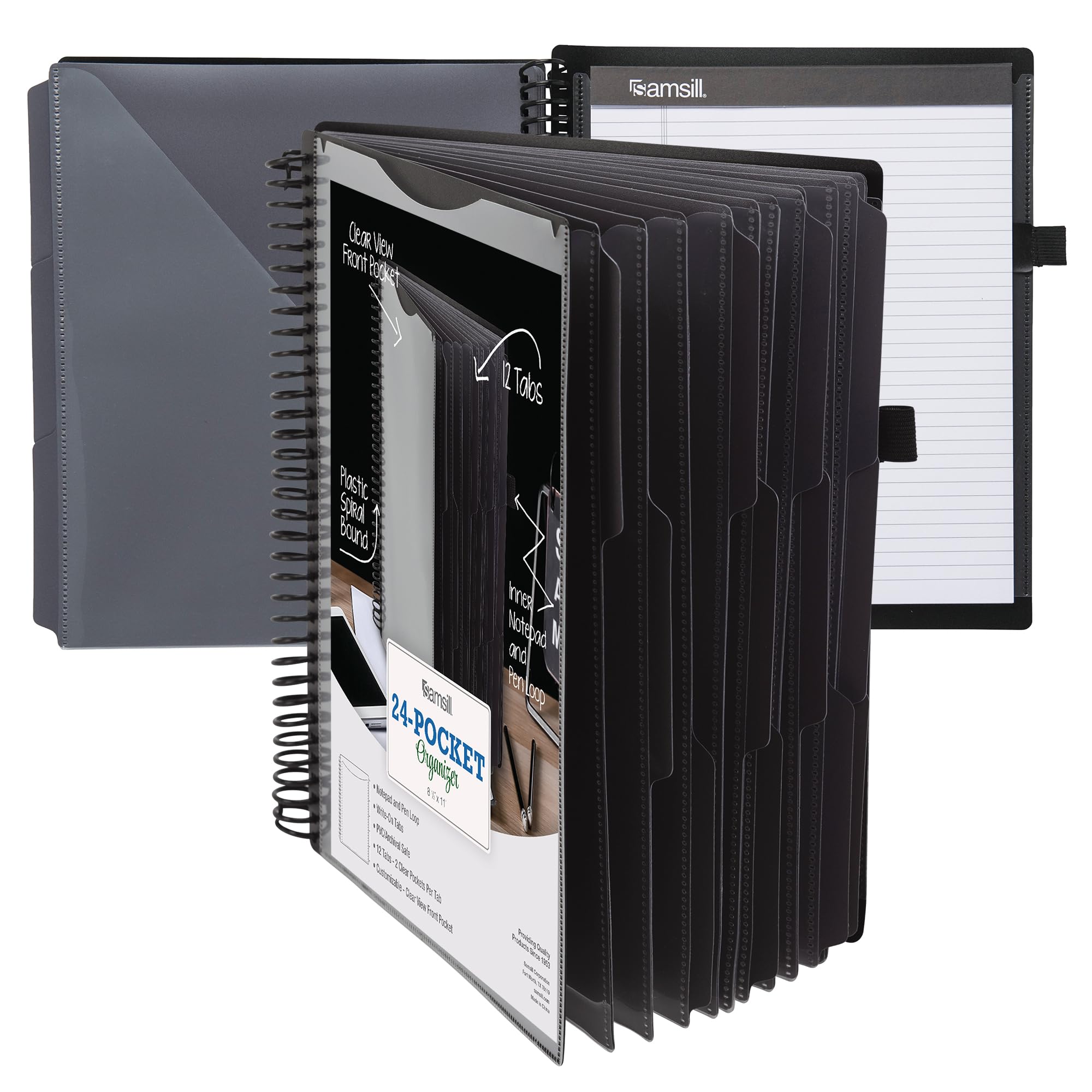 Samsill Deluxe 24 Pocket Spiral Project Organizer With Refillable Notepad Holder, Customizable Front Cover, 12 Dividers With Era