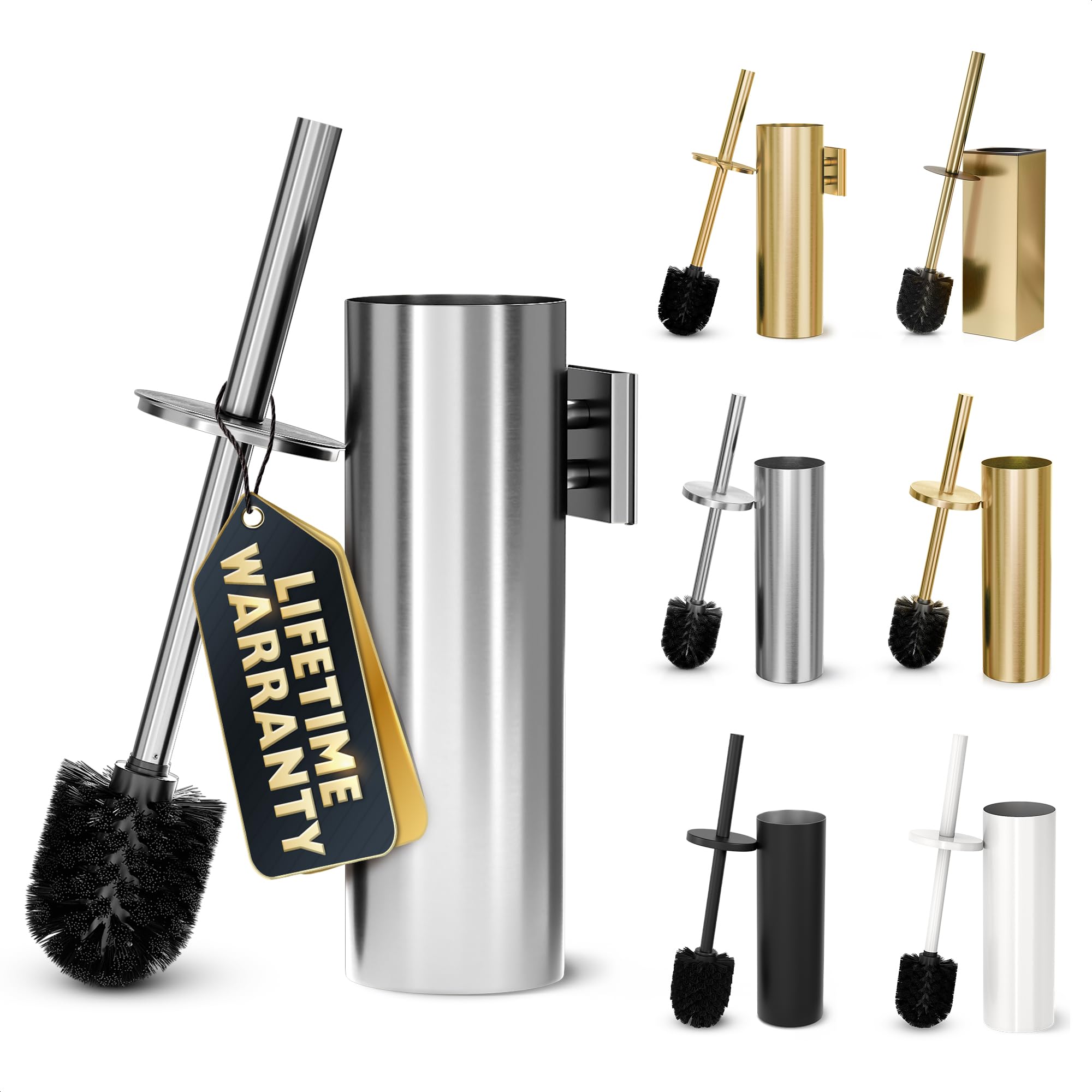 Silver Modern Toilet Brush and Holder Set with Wall Mount - Stainless Steel Toilet Brush with Holder - Removable Inner Bowl, Shi