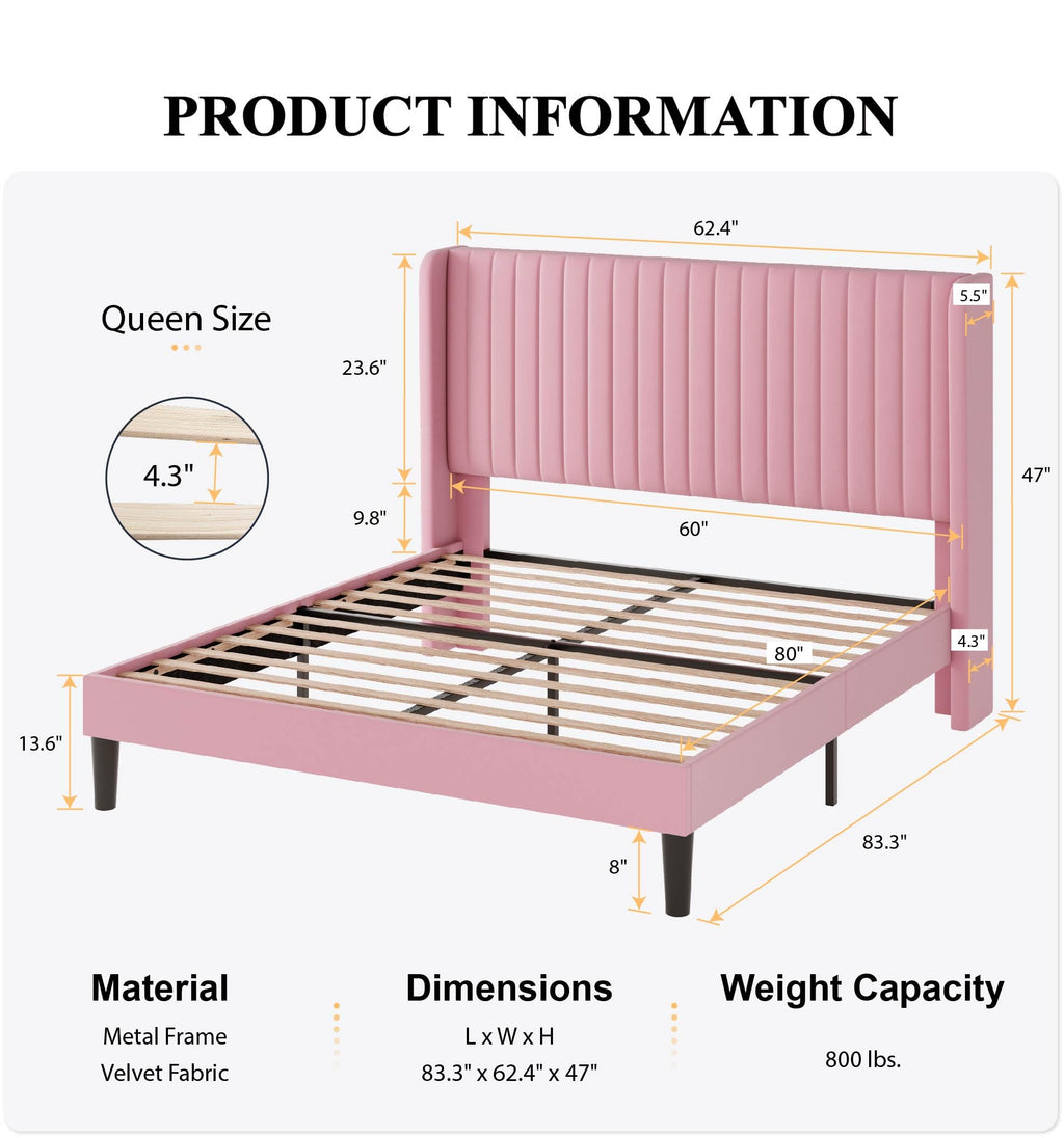 Sha Cerlin Queen Size Velvet Bed Frame With Vertical Channel Tufted Wingback Headboard, Upholstered Platform Bed With Wood Slats, No Box Spring Needed, Easy Assembly, Pink