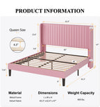 Sha Cerlin Queen Size Velvet Bed Frame With Vertical Channel Tufted Wingback Headboard, Upholstered Platform Bed With Wood Slats, No Box Spring Needed, Easy Assembly, Pink