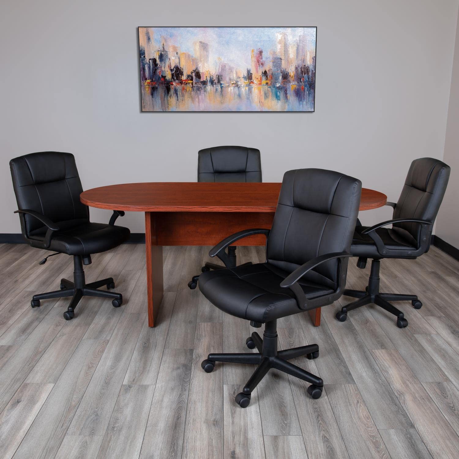 Flash Furniture Lake 5 Piece Cherry Oval Conference Table Set With 4 Black Leathersoft-Padded Task Chairs