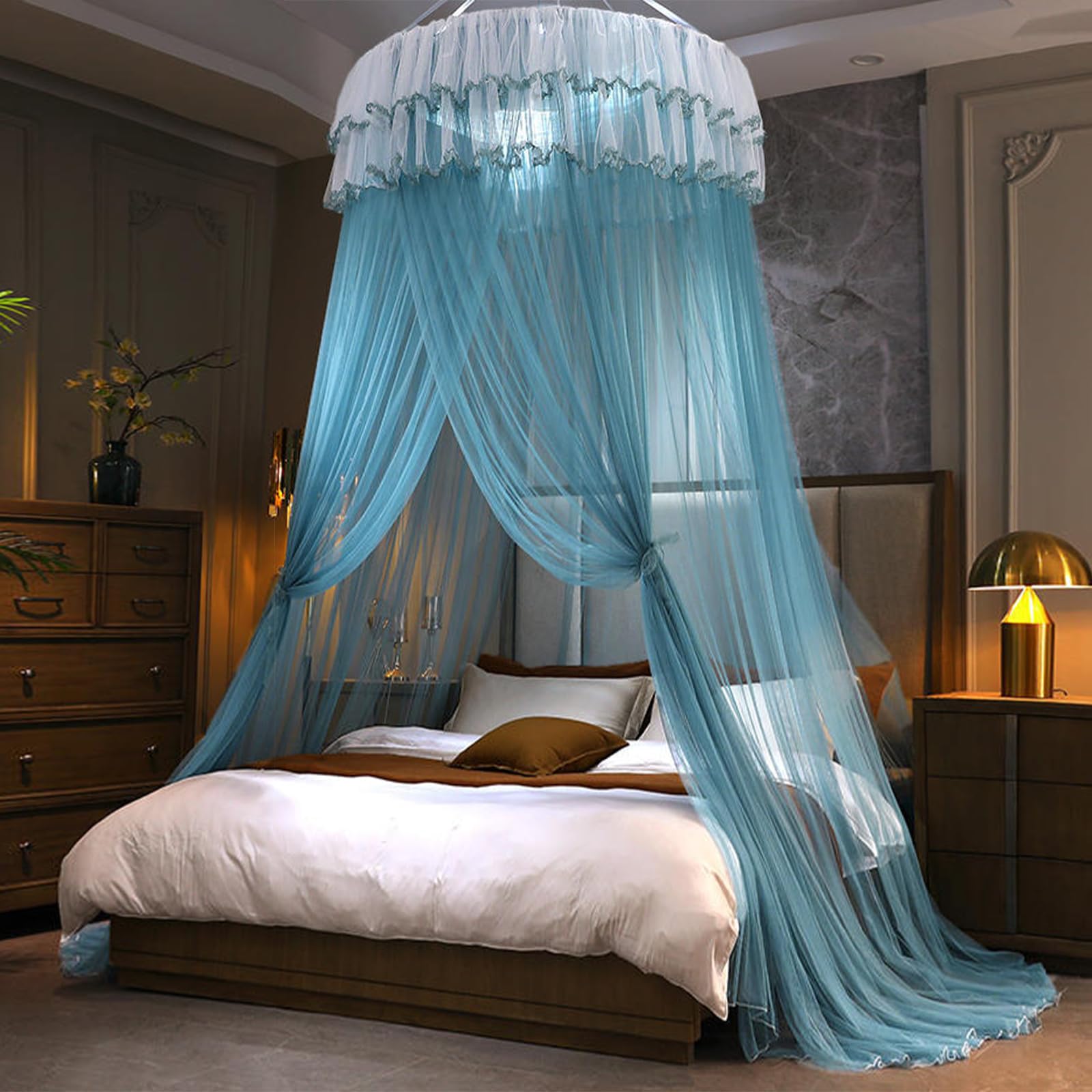 Kertnic Mosquito Net Bed Canopy For Girls, Princess Canopy Bed Curtain Fine Sheer Mesh Dome Bed Canopies, Kids & Adults Lace Tent For Twin Full Queen King Bed (Lake Blue)