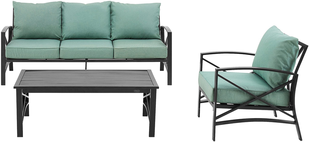 Crosley Furniture Kaplan 3-Piece Outdoor Sofa Patio Furniture Set, Conversation Sets For Porch, Deck, Oiled Bronze With Mist Cushions