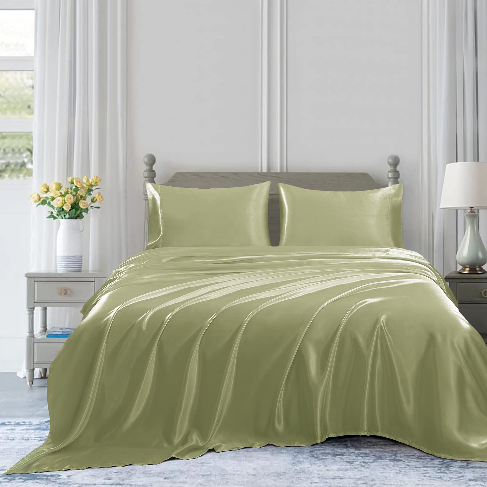 Homiest 4Pcs Satin Sheets Set Luxury Silky Satin Bedding Set With Deep Pocket, 1 Fitted Sheet + 1 Flat Sheet + 2 Pillowcases (Queen Size, Sage Green)