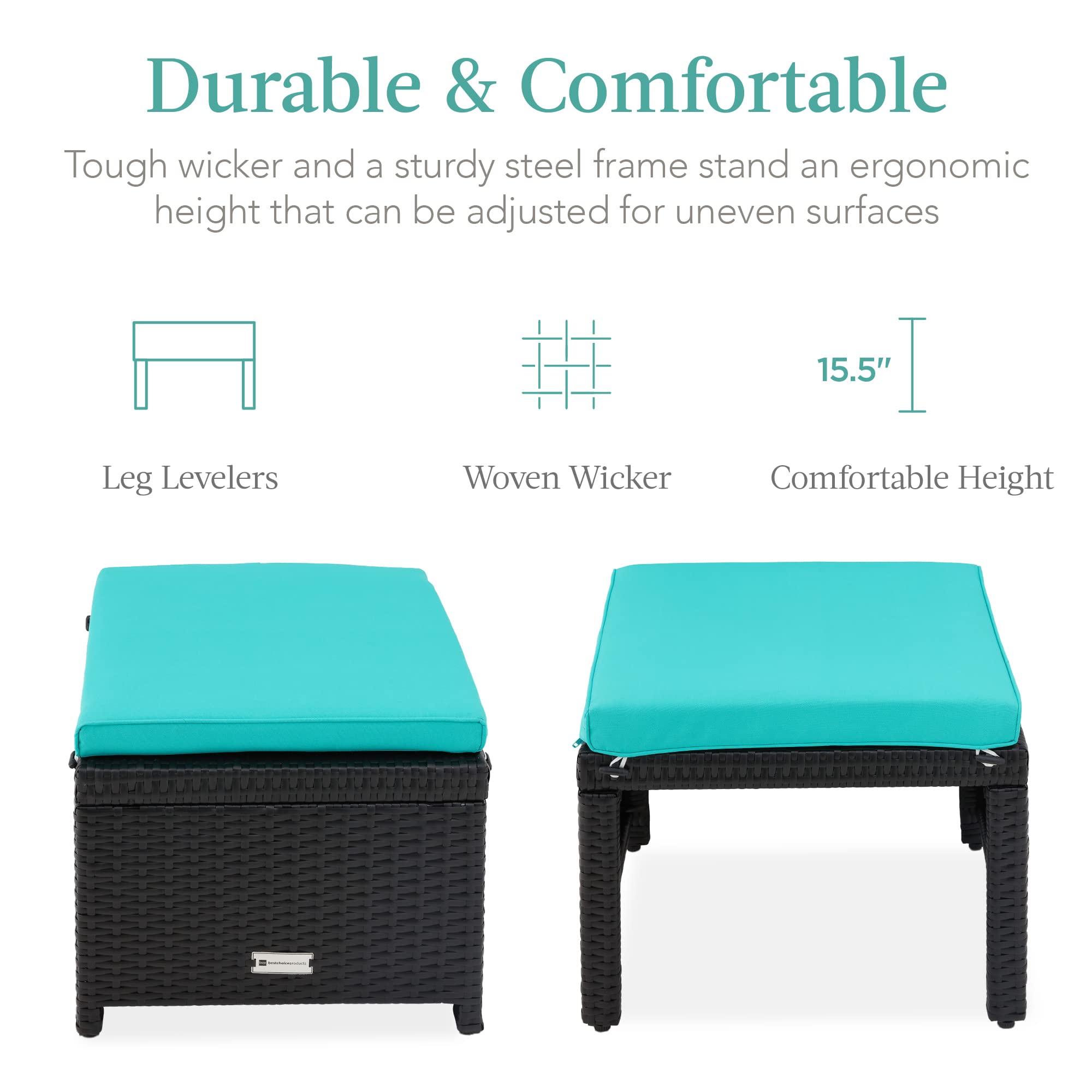 Best Choice Products Set Of 2 Wicker Ottomans, Multipurpose Outdoor Furniture For Patio, Backyard, Additional Seating, Footrest, Side Table W/Removable Cushions, Steel Frame - Black/Teal
