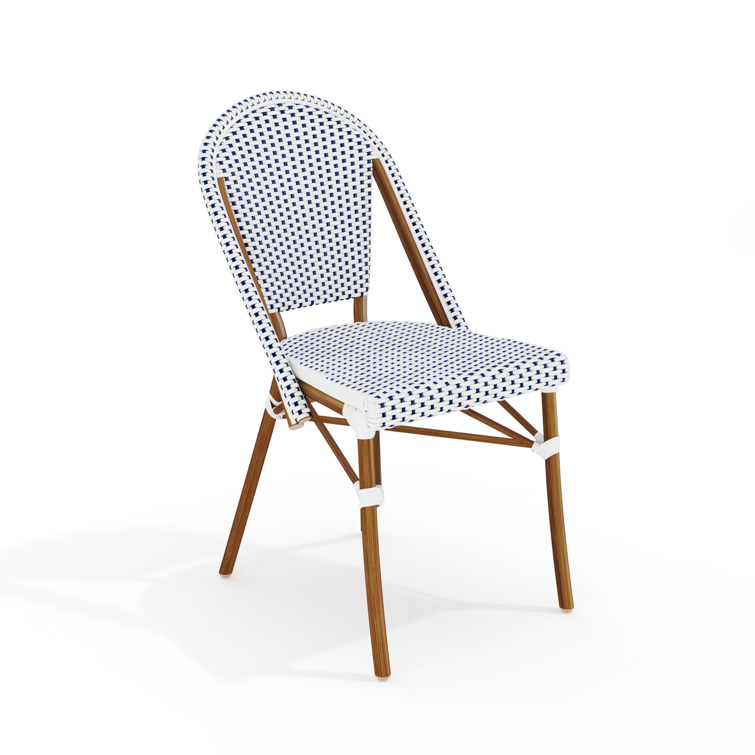Martha Stewart Lily Pond Indoor-Outdoor Stackable Aluminum Bistro Chair with Natural Woodgrain Frame Finish and White/Navy Woven