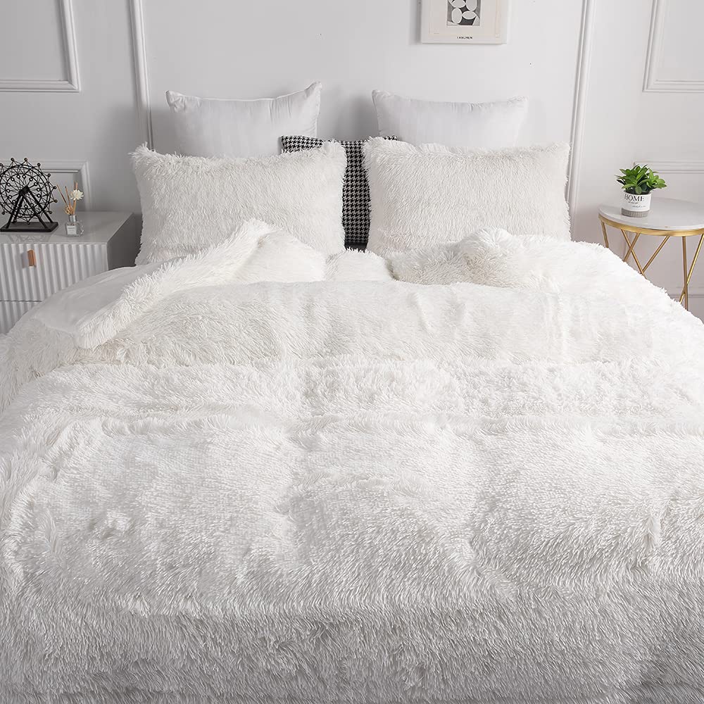 Chovy Faux Fur Plush White Comforter Sets Twin/Full Size - Ultra Soft Shaggy Flannel Velvet Fluffy Fuzzy 3Pc Bedding Set (Comfor