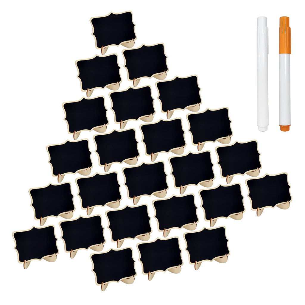 24 Pcs Wooden Mini Chalkboards Signs for Food Signs, Wedding Signs, Message Signs, Event Decorations, and Include Wave-Shaped Bo
