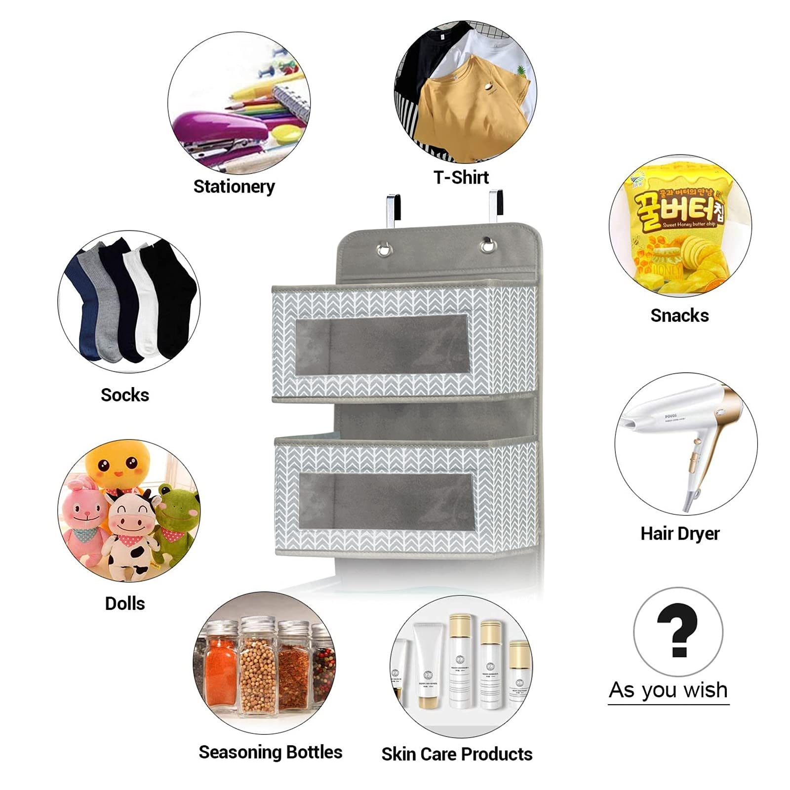 Over The Door Hanging Organizer With 5 Large Pockets - Wall Mount Pantry Storage With Clear Pvc Window & 2 Big Metal Hooks For C