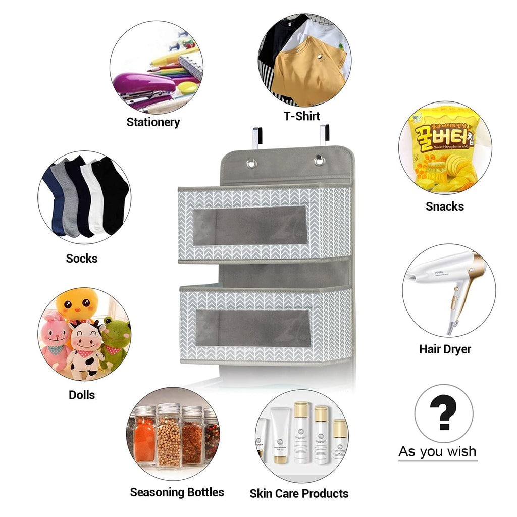 Over The Door Hanging Organizer With 5 Large Pockets - Wall Mount Pantry Storage With Clear Pvc Window & 2 Big Metal Hooks For C