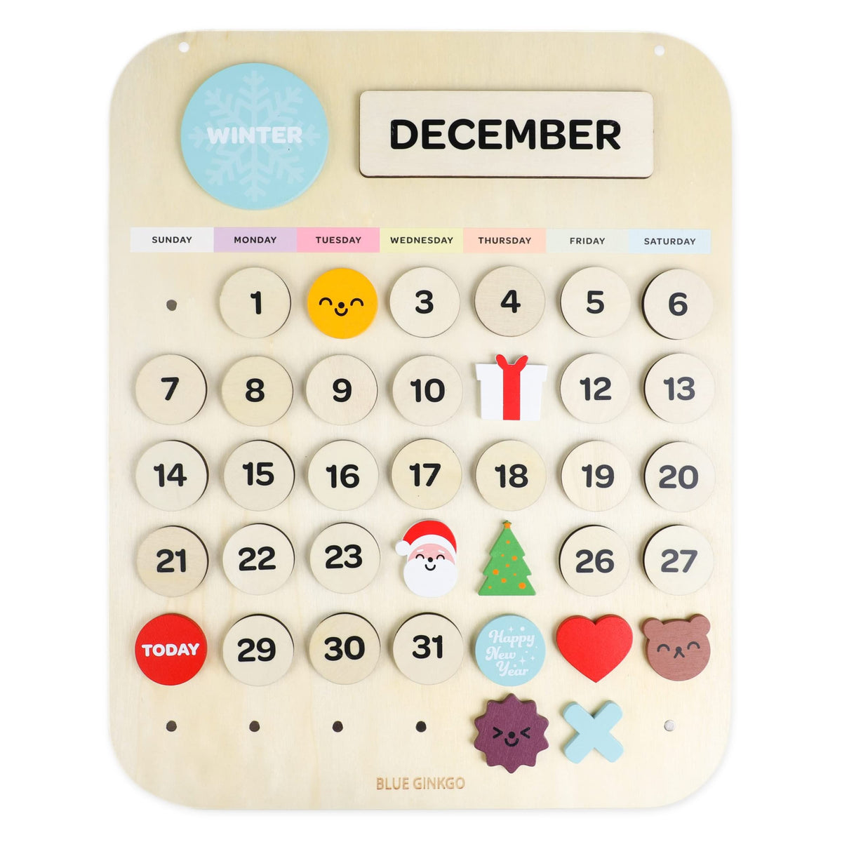 Blue Ginkgo Wooden Kids Calendar - Montessori Calendar For Kids To Learn Seasons, Months And Days Of The Week - Daily, Weekly Ki