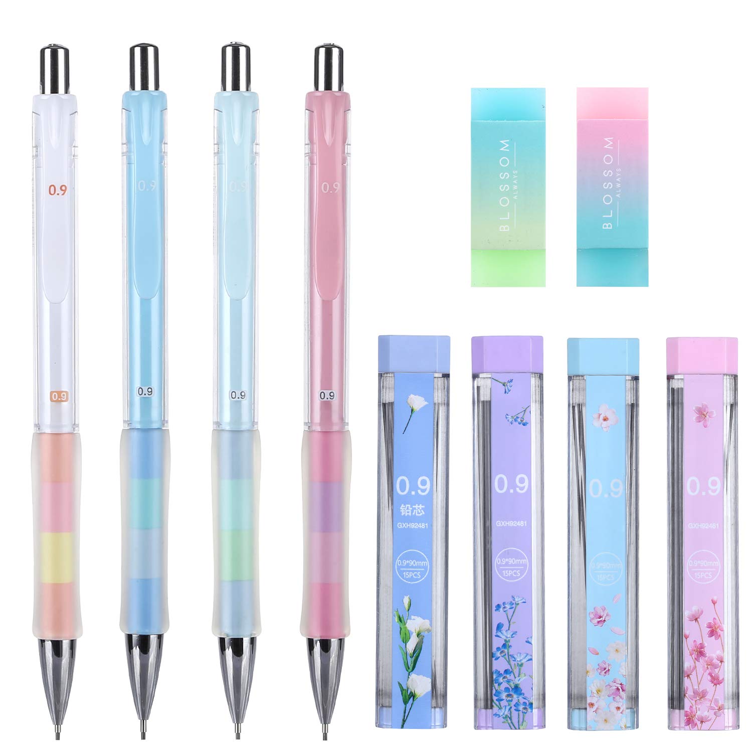 Excelfu Mechanical Pencil, 4 Pieces 0.9 Mm Mechanical Pencils With 4 Tubes 2B Lead Refills And 2 Pieces Erasers For Writing, Dra