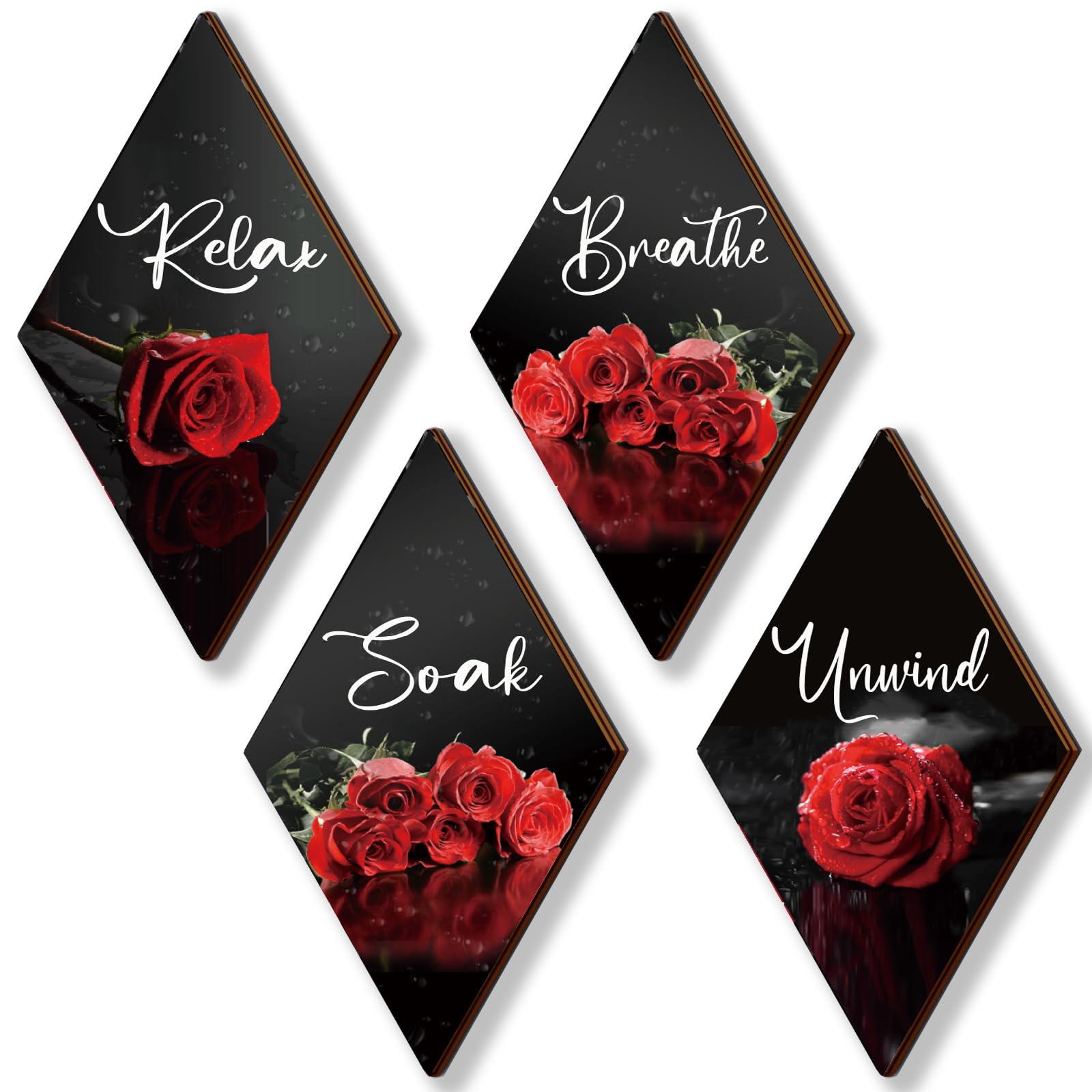 ONIZHITY Set of 4 Red Bathroom Decor Rose Wooden Wall Decor Flower Rustic Romantic Floral Farmhouse Wall Decor Modern Breathe So