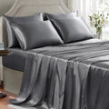 Golal Satin Sheets Full Size - 6 Pieces Luxury Silky Soft Bed Sheets, Wrinkle-Free Dark Grey Satin Silk Sheet Set With 1 Deep Po