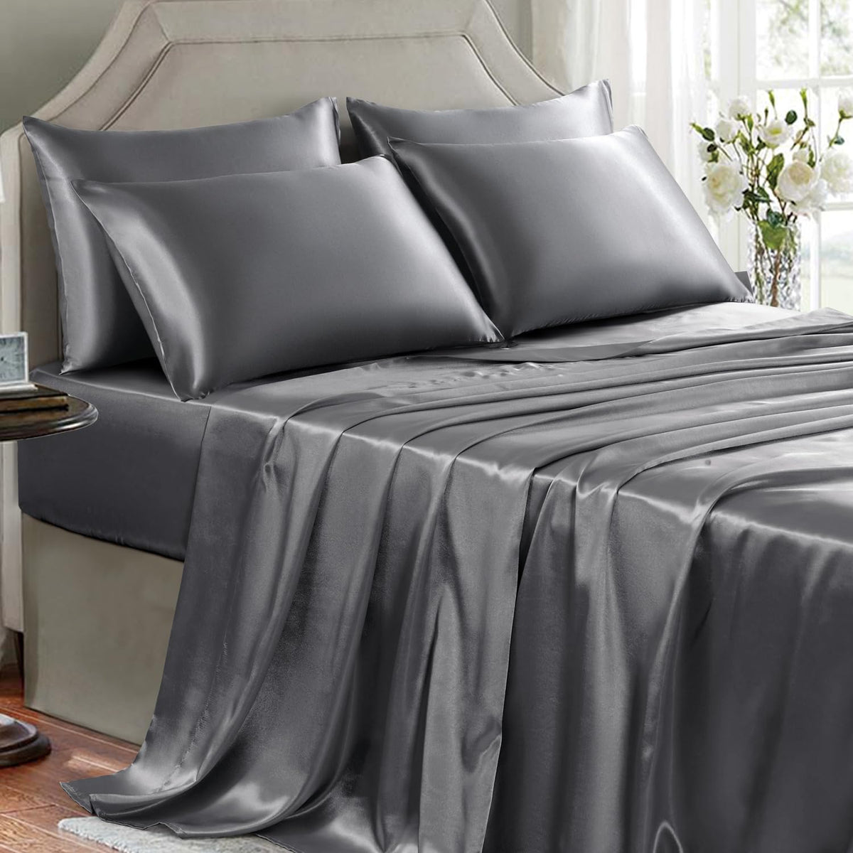 Golal Satin Sheets Full Size - 6 Pieces Luxury Silky Soft Bed Sheets, Wrinkle-Free Dark Grey Satin Silk Sheet Set With 1 Deep Po
