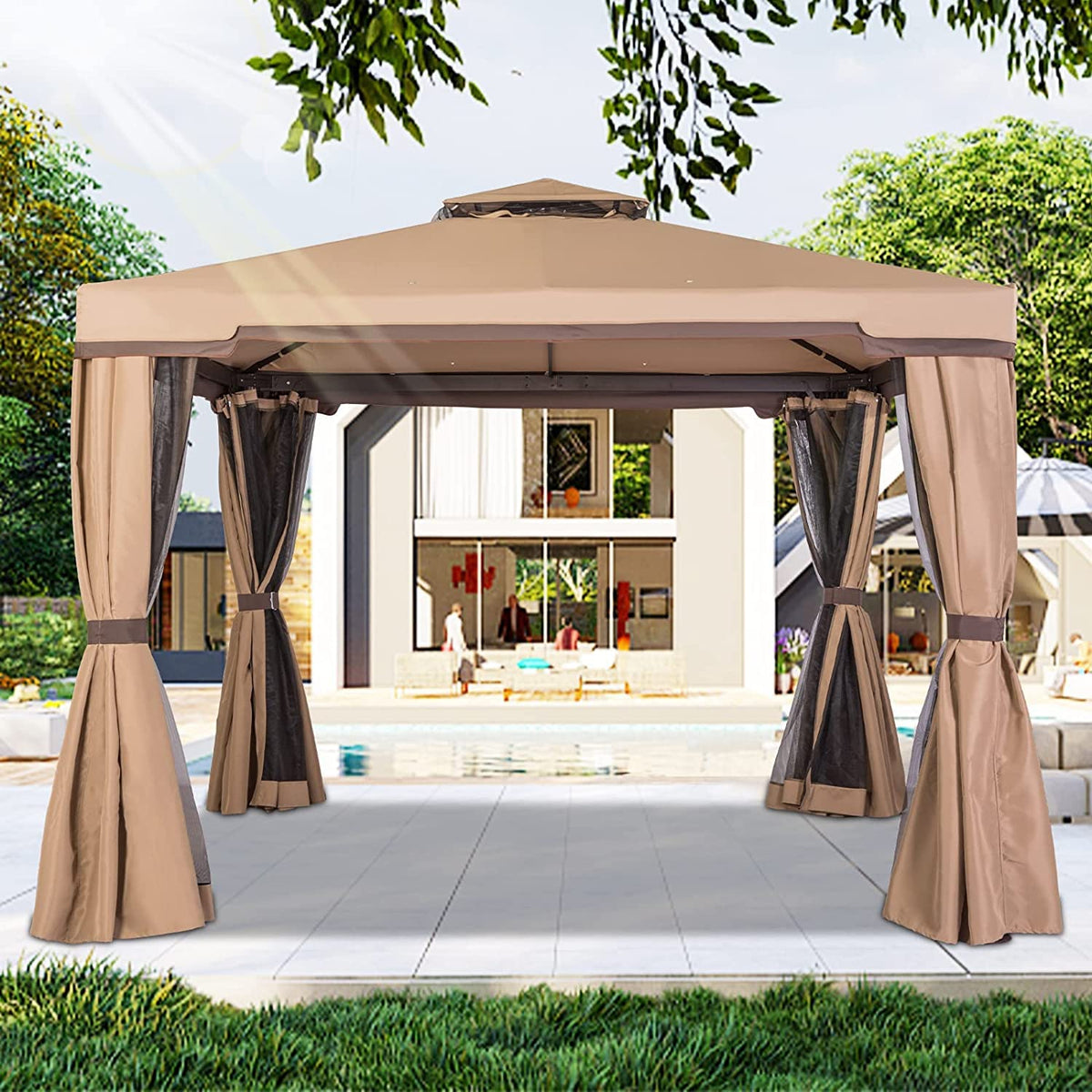 Incbruce Outdoor 10X10 Garden Gazebo, Steel Vented Double Roof Patios Canopy, Outside Gazebo With Mosquito Netting For Backyard,