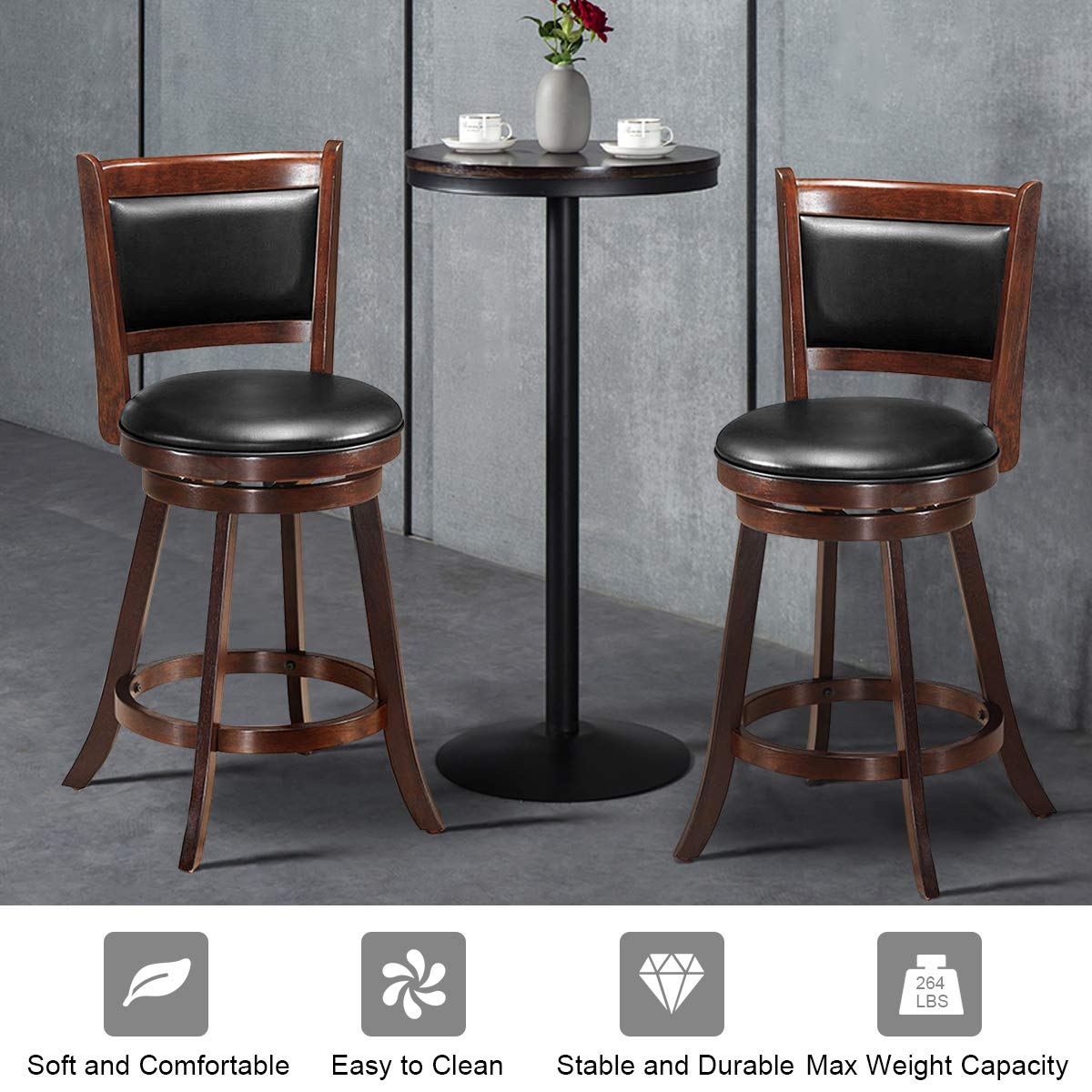 Costway Bar Stools Set Of 2, 360 Degree Swivel, Accent Wooden Swivel Seat Counter Height Bar Stool, Leather Upholstered Design, Pvc Cushioned Seat, Perfect For Dining And Living Room (Height 24')