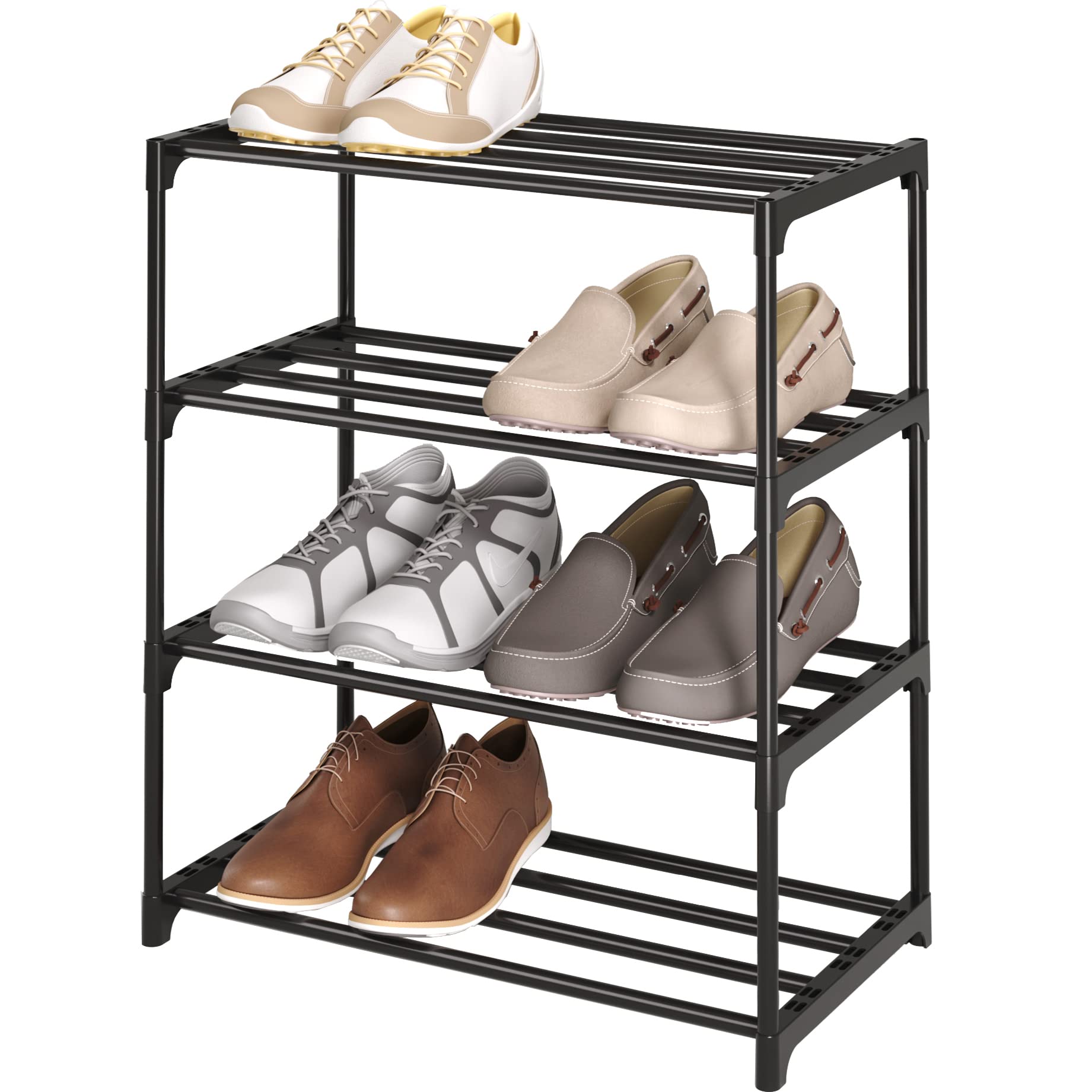 4-Tier Small Shoe Rack, Metal Stackable Kids Shoe Shelf Storage Zapateras Organizer,Narrow Shoe Rack Sturdy For Closet Hallway Entryway Living Room Bedroom (Black)
