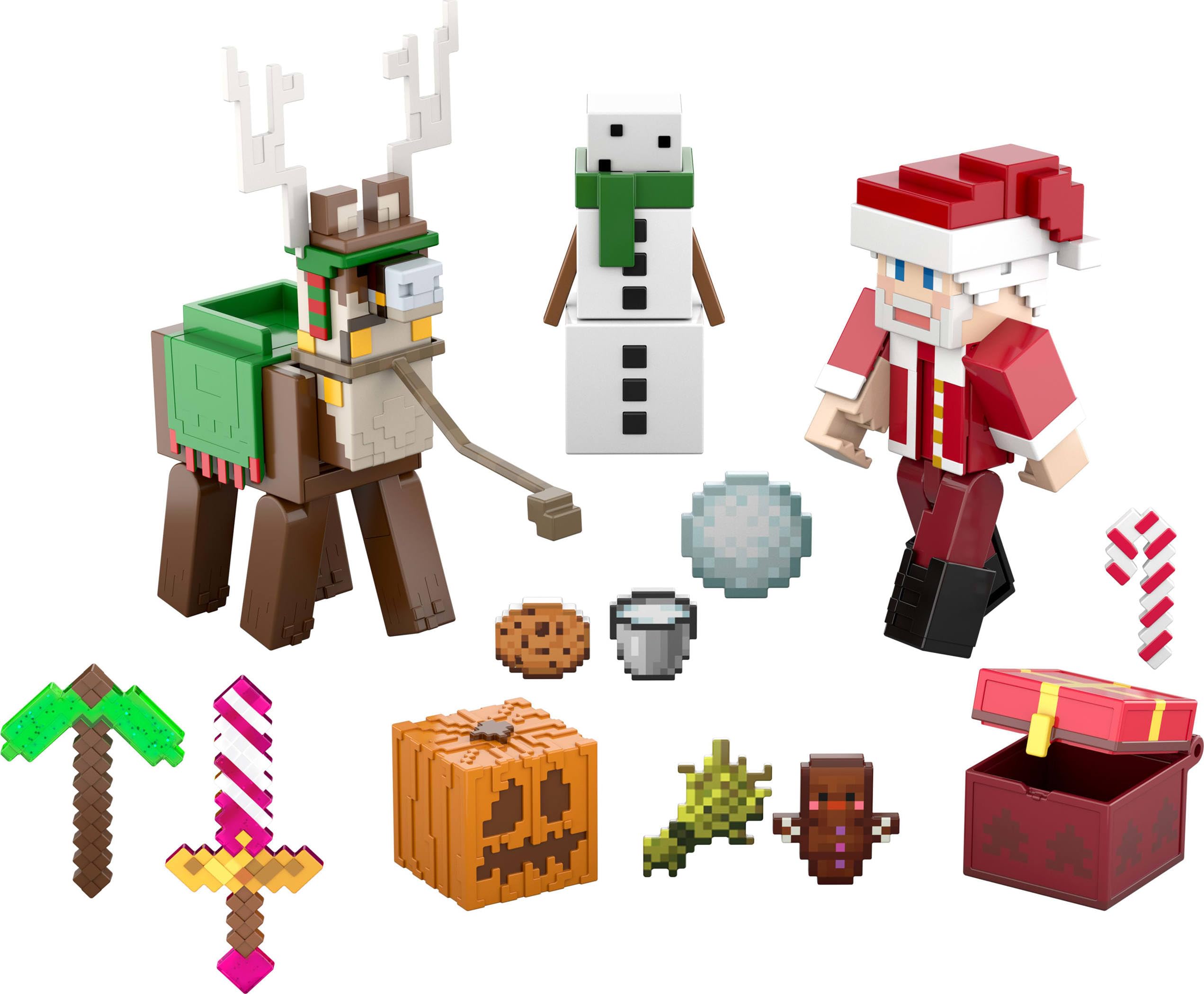 Mattel Minecraft Advent Calendar, 3.25-In Scale Action Figures Including Santa, 17 Accessories & 4 Stickers, Pixelated Design