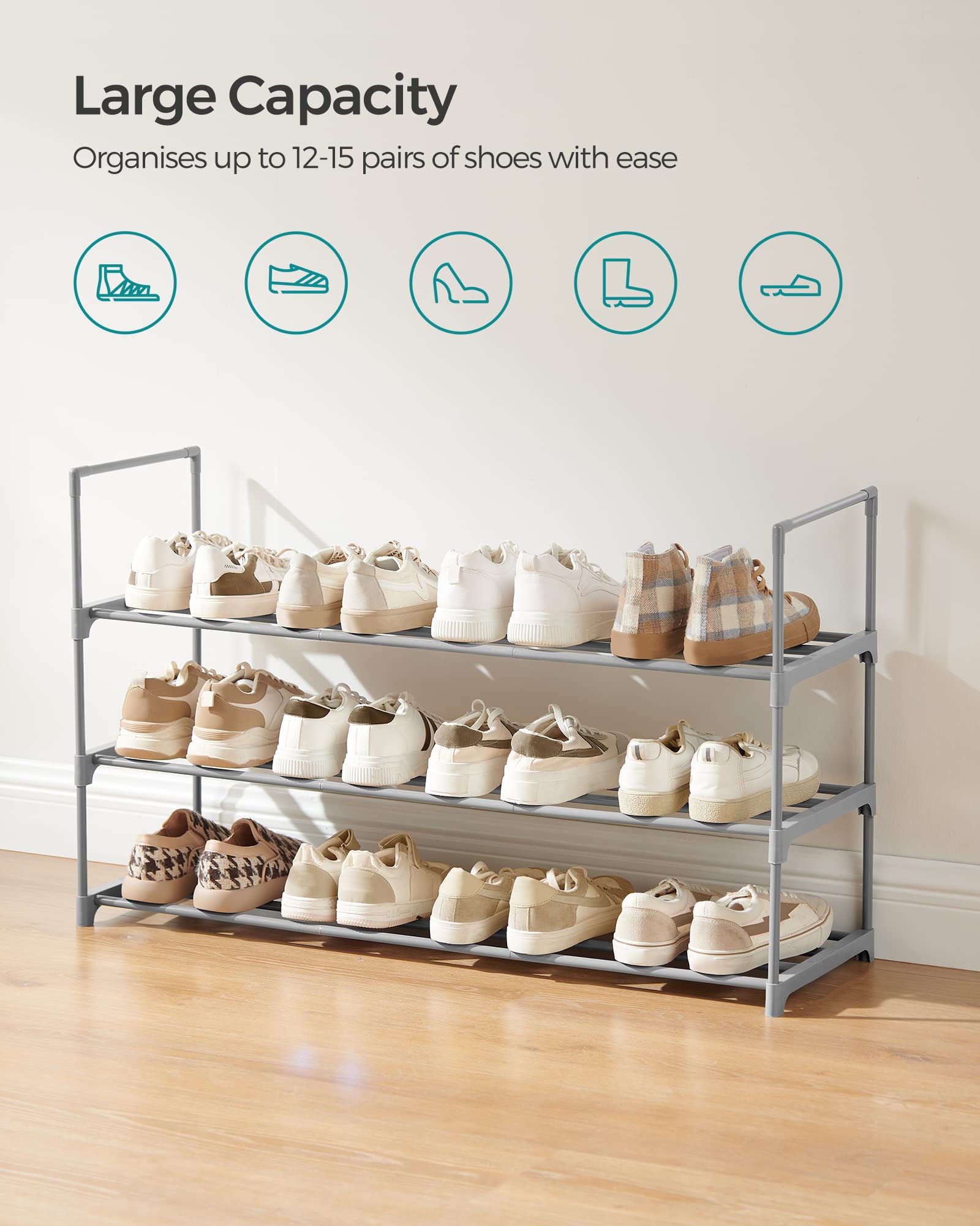 Songmics Shoe Rack, 3 Tier Shoe Organizer, Metal Shoe Storage Shelf For 15 Pairs Of Shoes, Easy To Assemble, Entryway, Grey Ulsa303G01