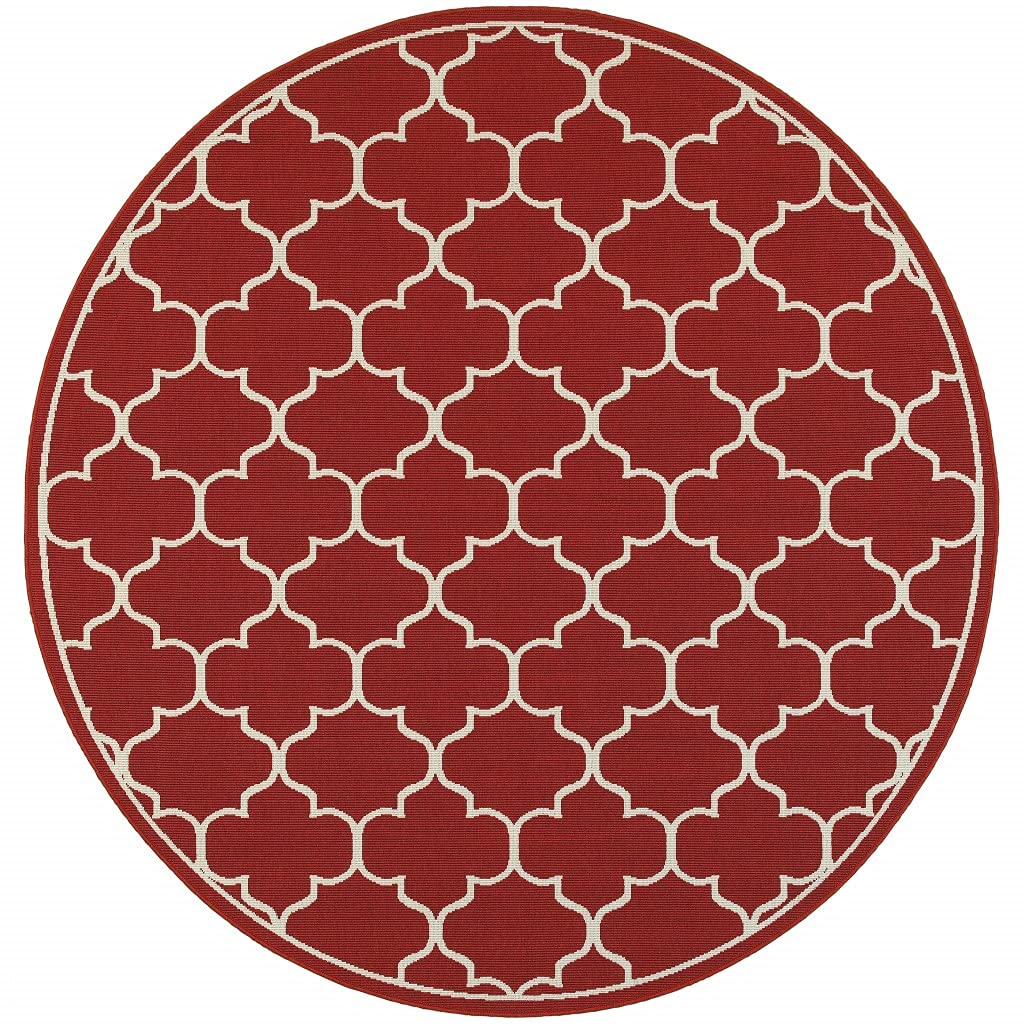 HomeRoots Polypropylene 8’ Round Red and Ivory Trellis Indoor Outdoor Area Rug
