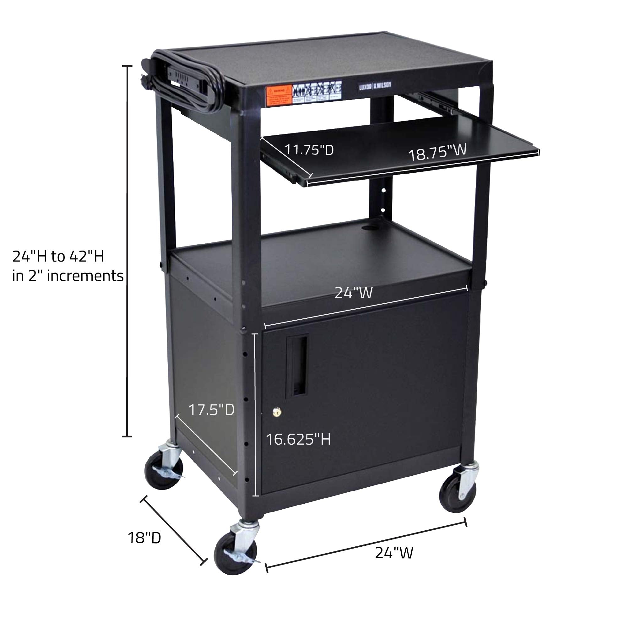 LUXOR AVJ42KBC Adjustable Steel A/V Cart - Cabinet with Pullout Trays