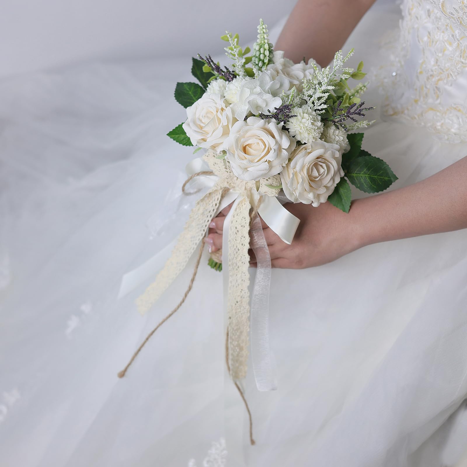 Glidlion Wedding Bouquets For Bride Bridesmaid,White Champagne Artificial Roses Flowers For Wedding Church Decoration (7.5In)