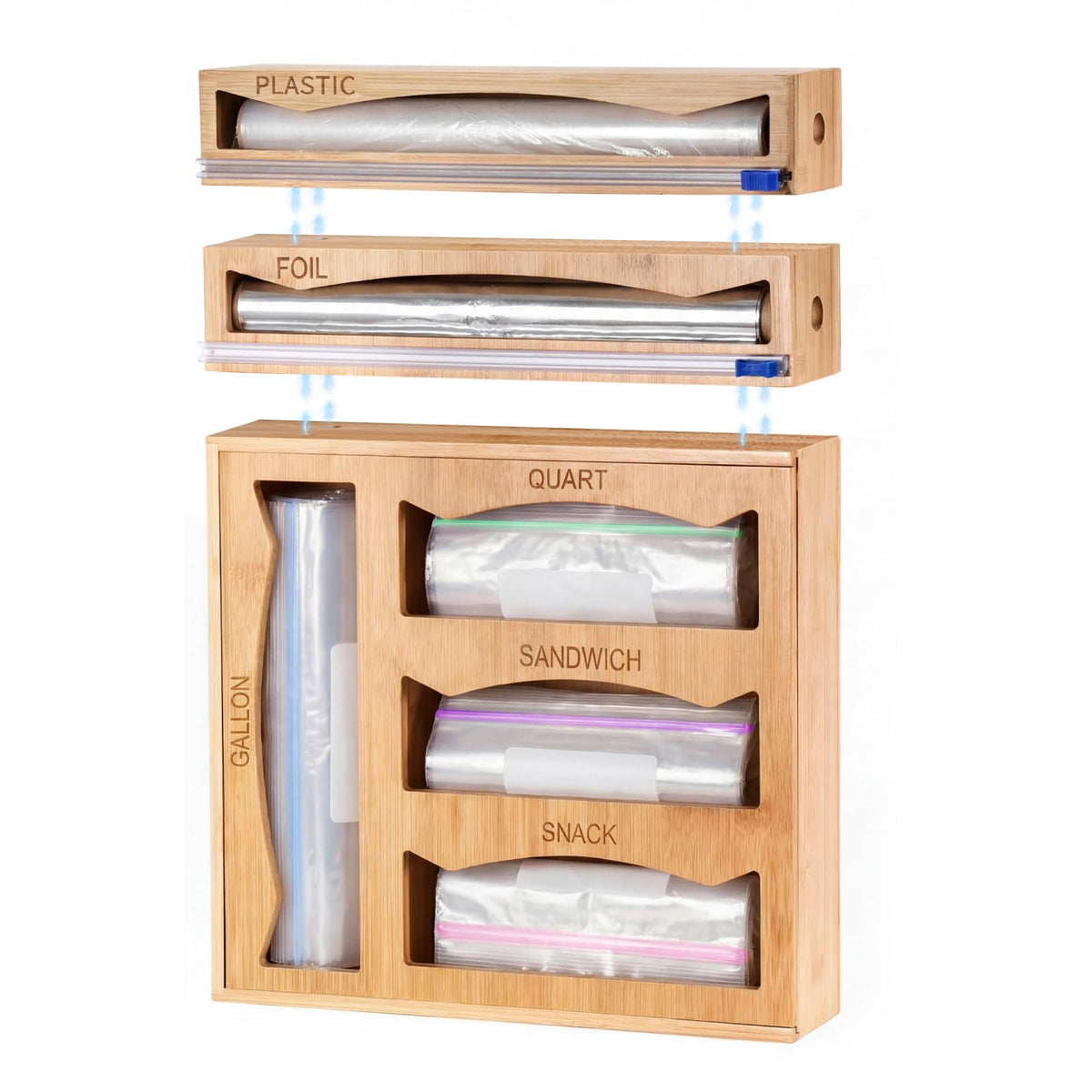 6in1 Bamboo Kitchen Drawer Organizer for Storage Bag, Foil & Plastic Wrap