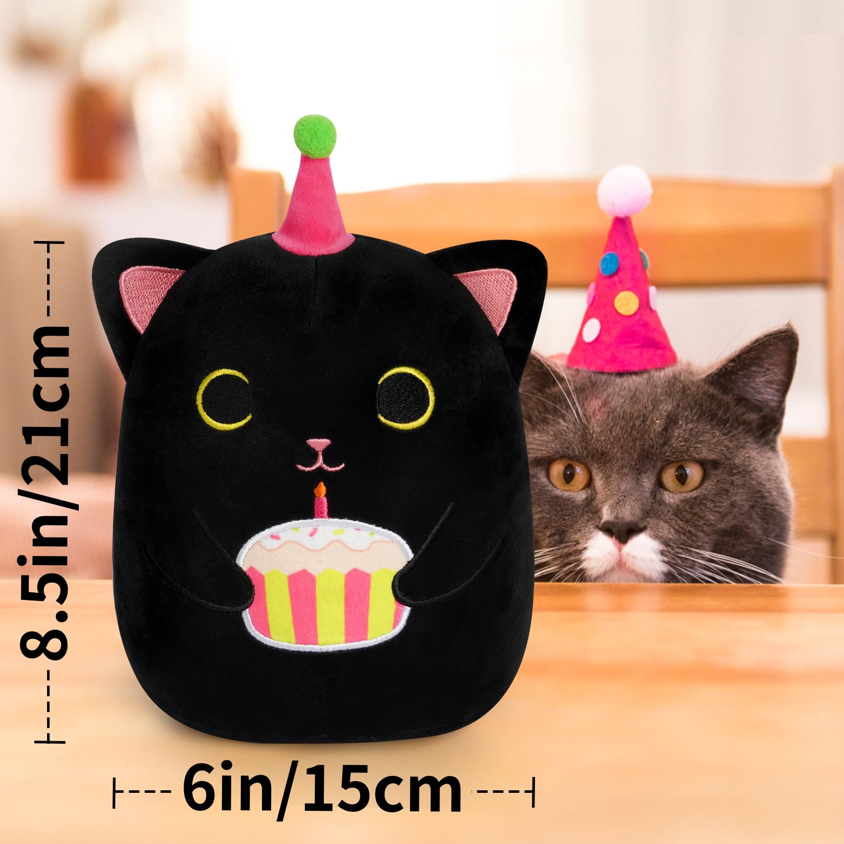Kophinye Black Cat Plush, 8 Inch Birthday Cat Stuffed Animal Happy Birthday Plush Cute Cat Plush Pillow With Cake, Kawaii Cat Pl