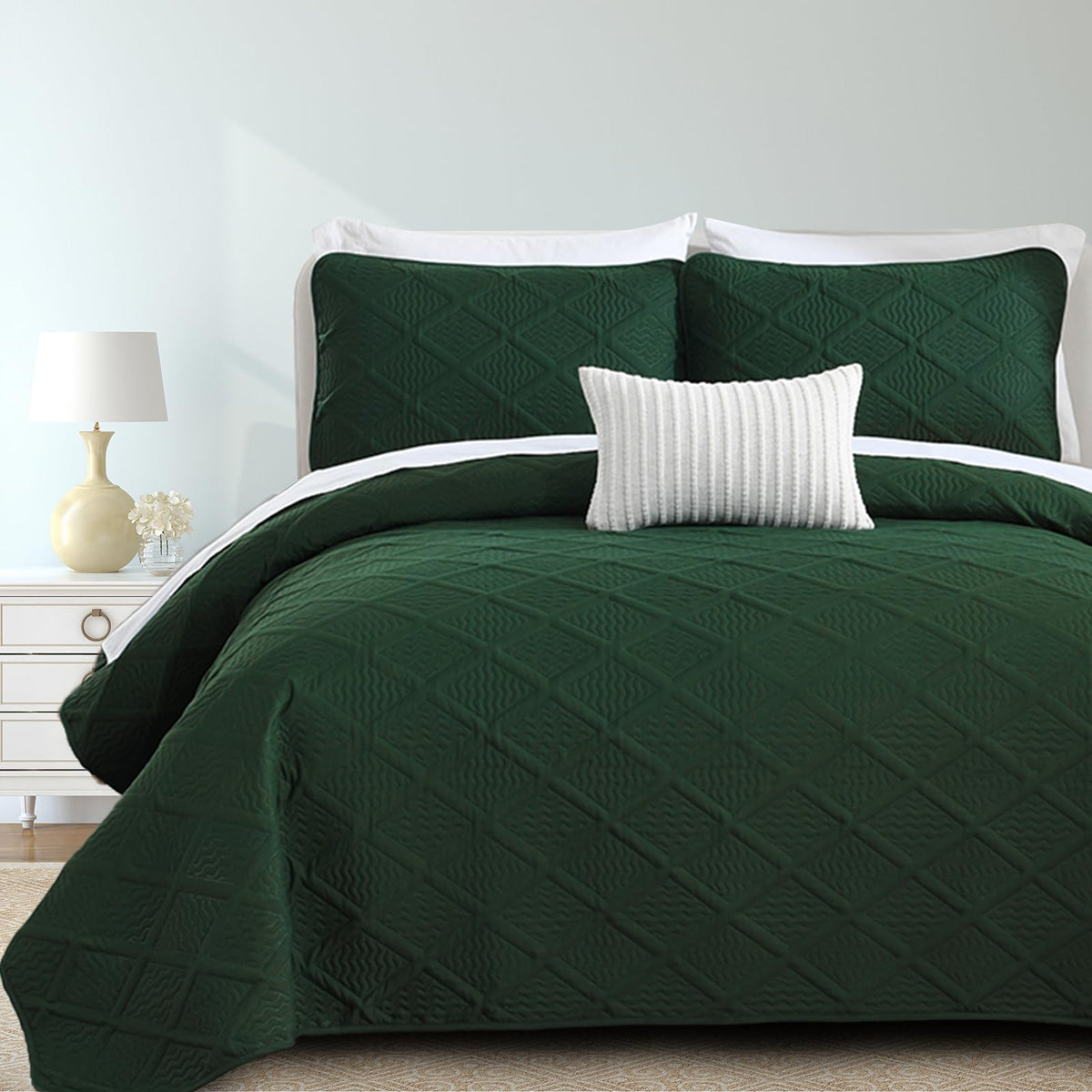 Yiran California King Size Emerald Green Quilt Set Lightweight Oversized Bedspread Ultrasonic Diamond Pattern Summer Coverlet Mo