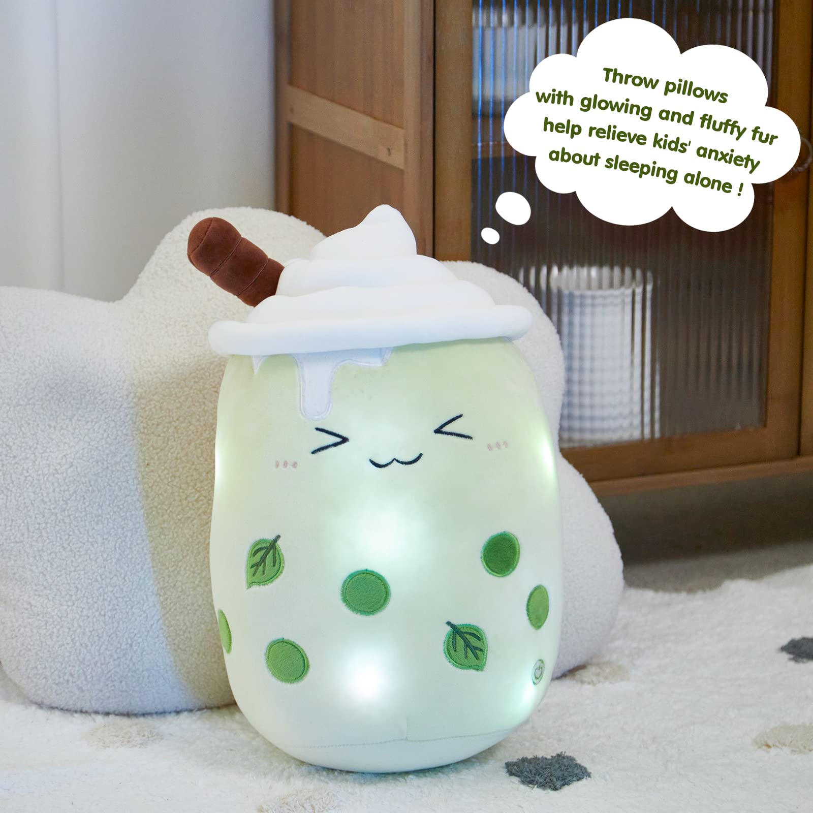 Athoinsu Light Up Matcha Milk Tea Plush Pillow 10' Kawaii Stuffed Bubble Animal Toy With Led Lights Birthday Christmas Holiday