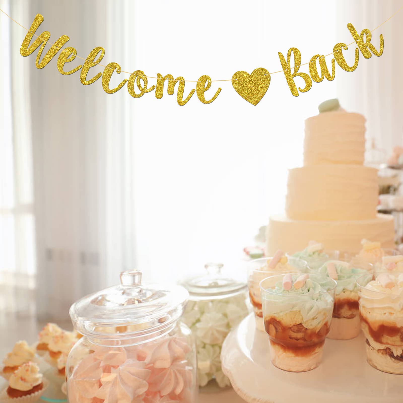 Talorine Welcome Back Banner, Home Theme Party, Back To School, Happy Retirement Party Decorations (Gold Glitter)