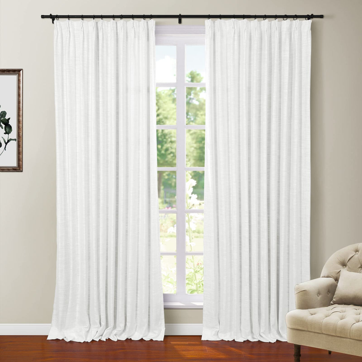Twopages White Polyester Linen 96 Inches Long Thermal Insulated Curtain With Pinch Pleated And Back Tab Blackout Textured Drape