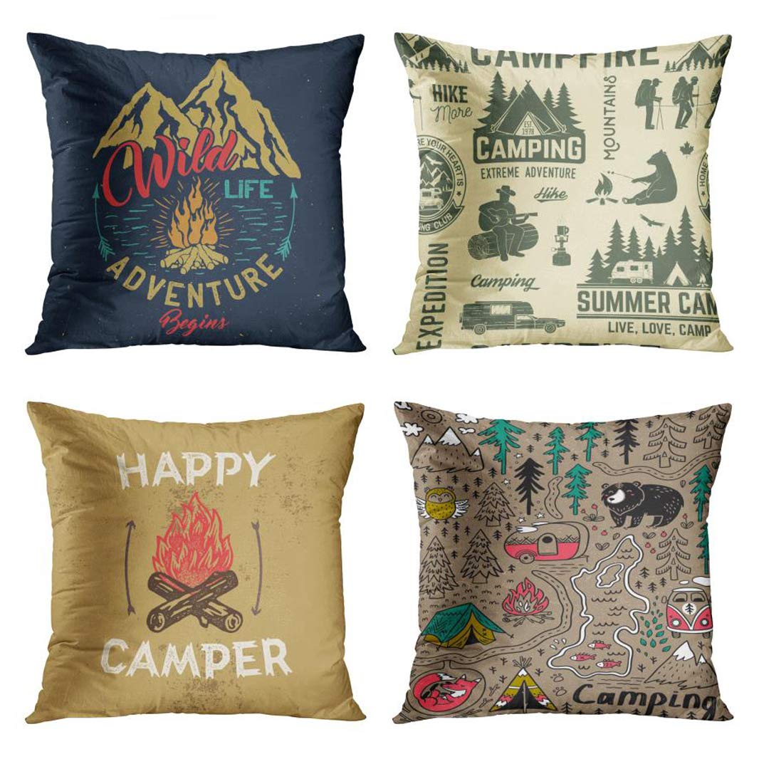 Emvency Set Of 4 Throw Pillow Covers Camp With Mountain Campfire And Forest Camping Adventure Vintage Decorative Pillow Cases Ho