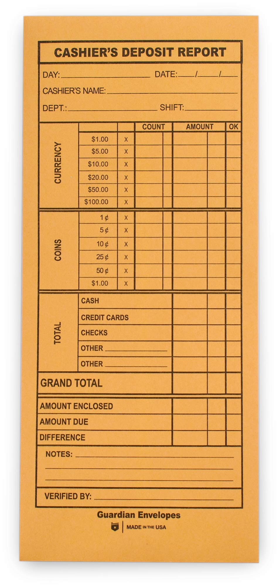 Guardian Cashier Deposit Report Envelopes With Gummed Flaps, Pack Of 500 Cash Drop Envelopes - Cash Register For Small Businesse