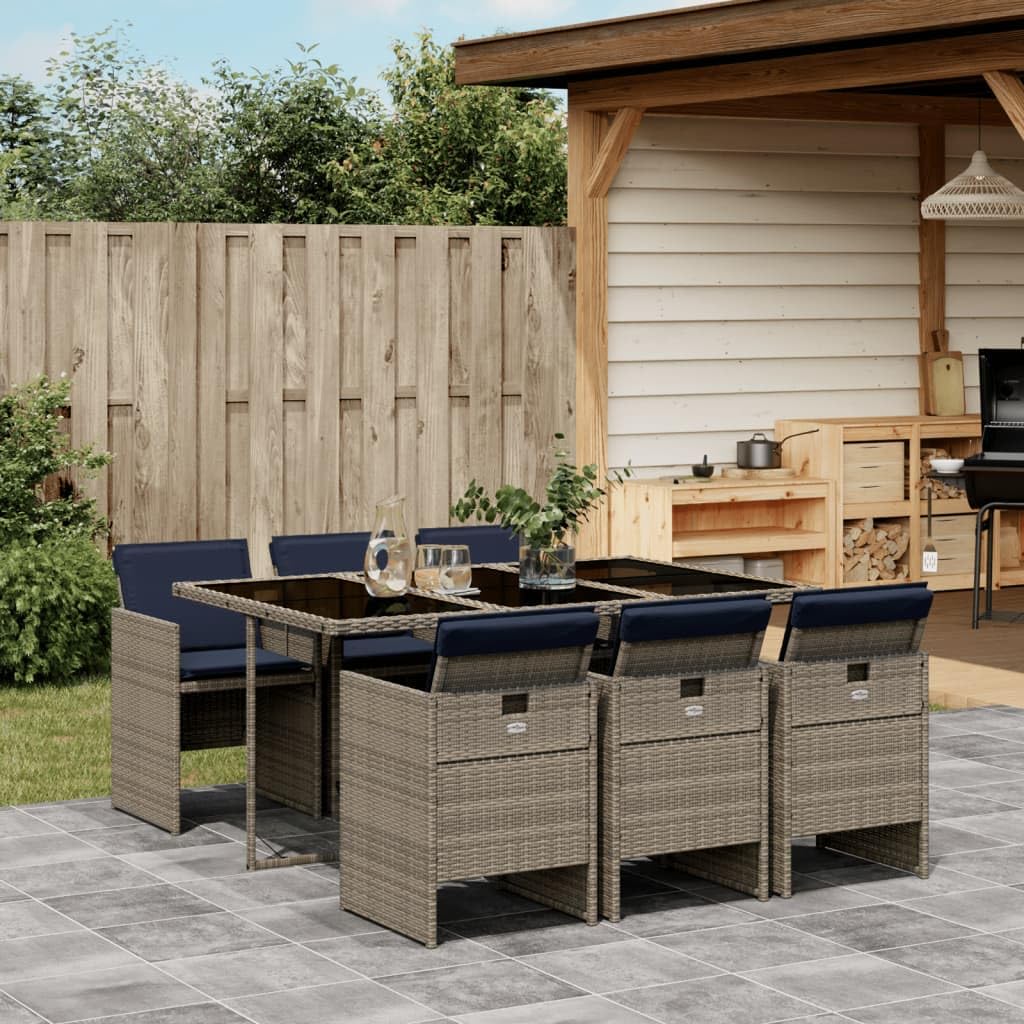 vidaXL Patio Dining Set/Outdoor Furniture/Garden Dining Set/7 Piece Gray Poly Rattan - Cushioned Seats - Tempered Glass Tabletop - Chairs with Foldable Backs - PE Rattan & Powder-Coated Steel