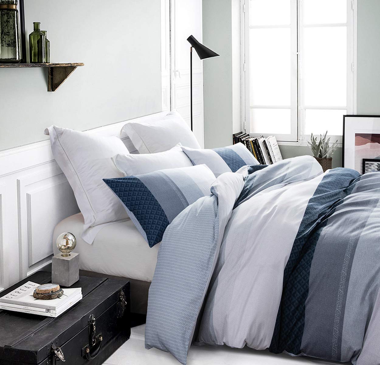Duvet Cover Set, 600 Thread Count Cotton White And Navy Striped Patchwork Comforter Cover Set Reversible Quilt Cover (King, Gree