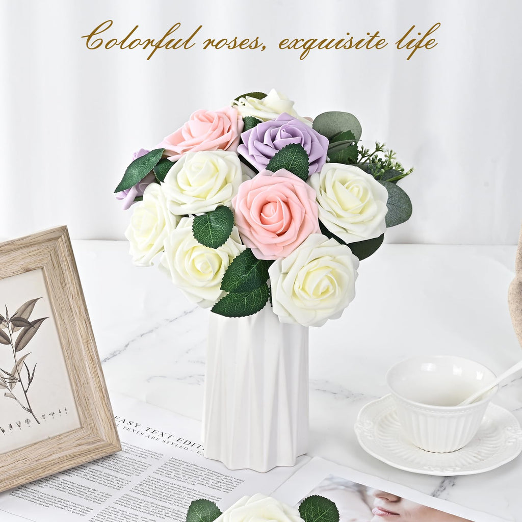 Bleum Cade 16Pcs Artificial Flowers Fake Roses With Stems, Ivory White Boxed Foam Roses For Diy Bouquets Centerpieces Wedding Pa