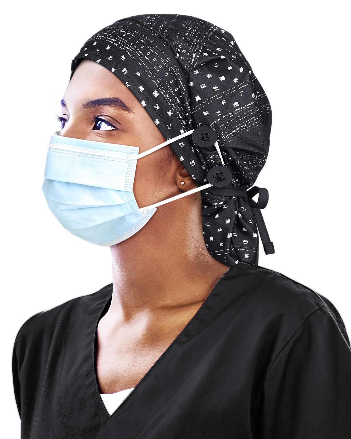 Large Satin Scrub Cap for Ponytail Women Silk Nurse Work Bonnet for Long Braids Hair Head Cover Black White