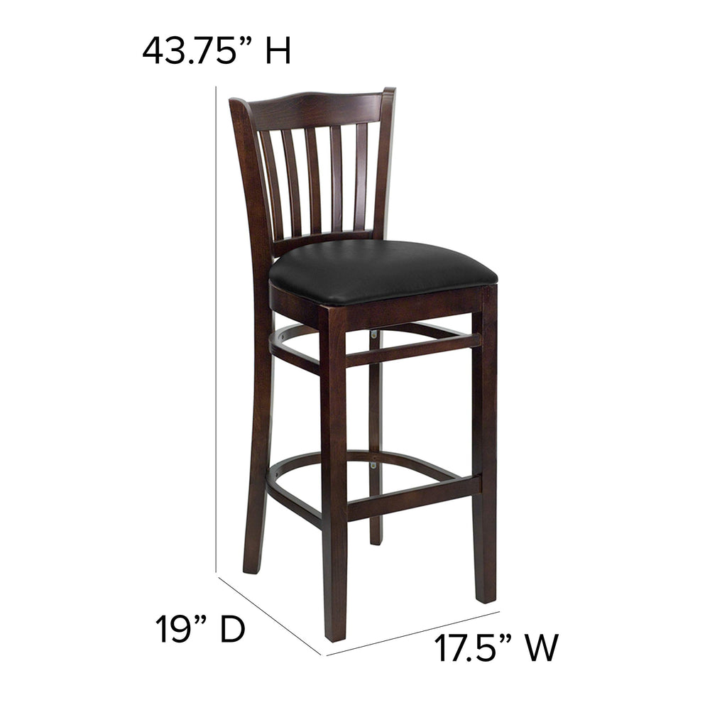 Flash Furniture HERCULES Series Vertical Slat Back Walnut Wood Restaurant Barstool - Black Vinyl Seat