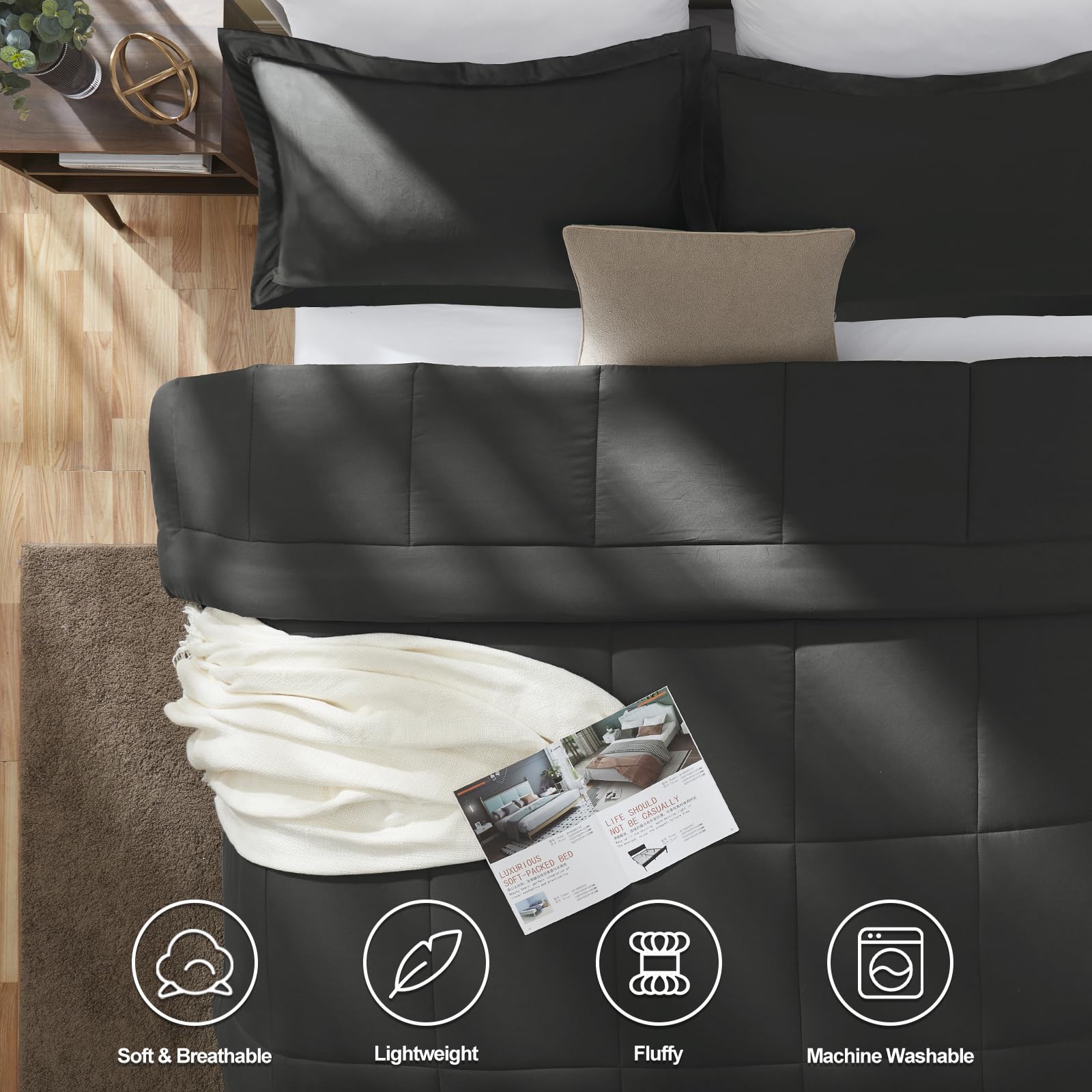 Cozylux Queen Size Comforter Sets - Dark Grey Comforter Queen Size, 3 Pieces Box Stitched Soft Lightweight Bed Set, All Season Gray Bedding Sets With 1 Down Alternative Comforter And 2 Pillow Shams