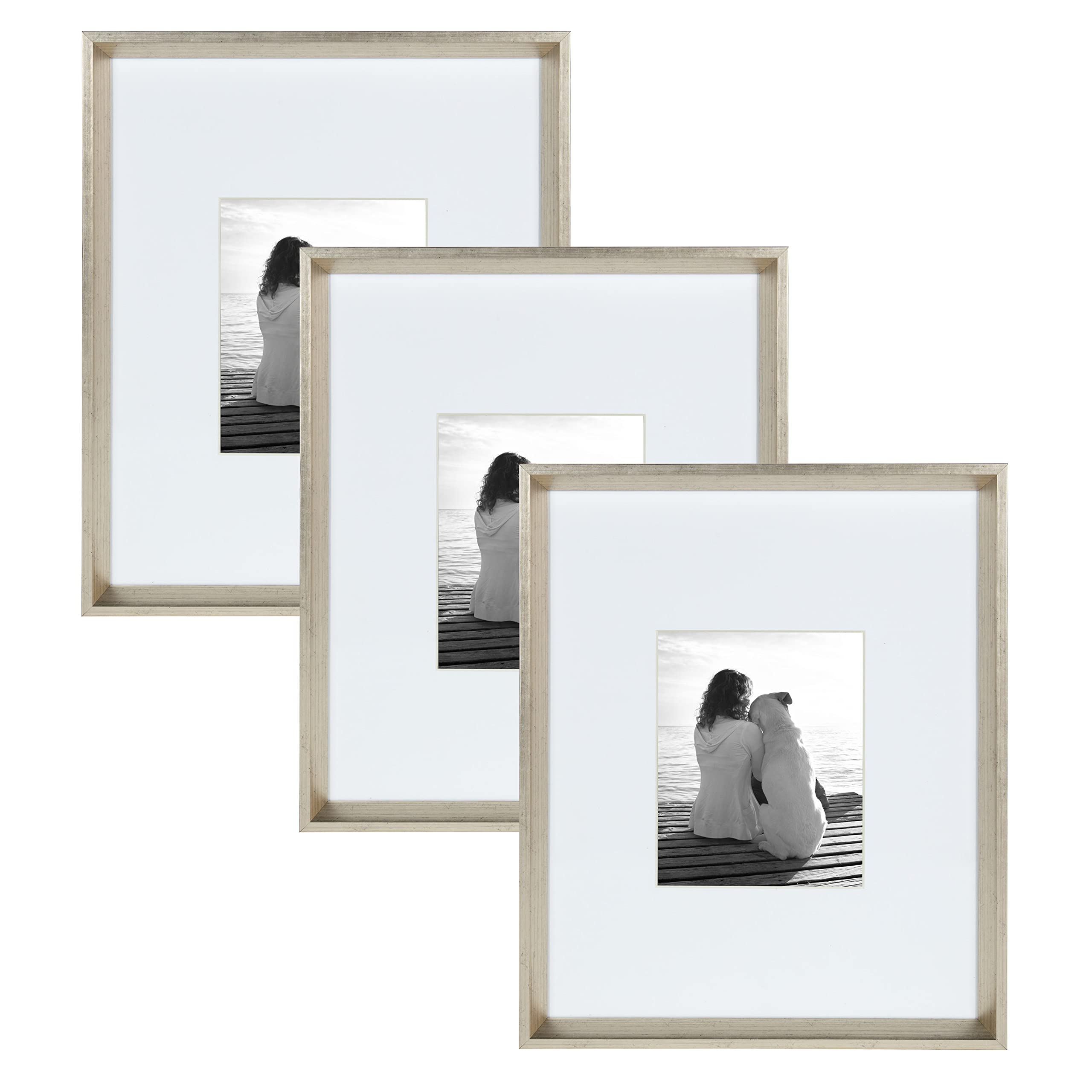 Kate and Laurel Calter Modern Wall Picture Frame Set, Silver 16x20 matted to 8x10, Pack of 3