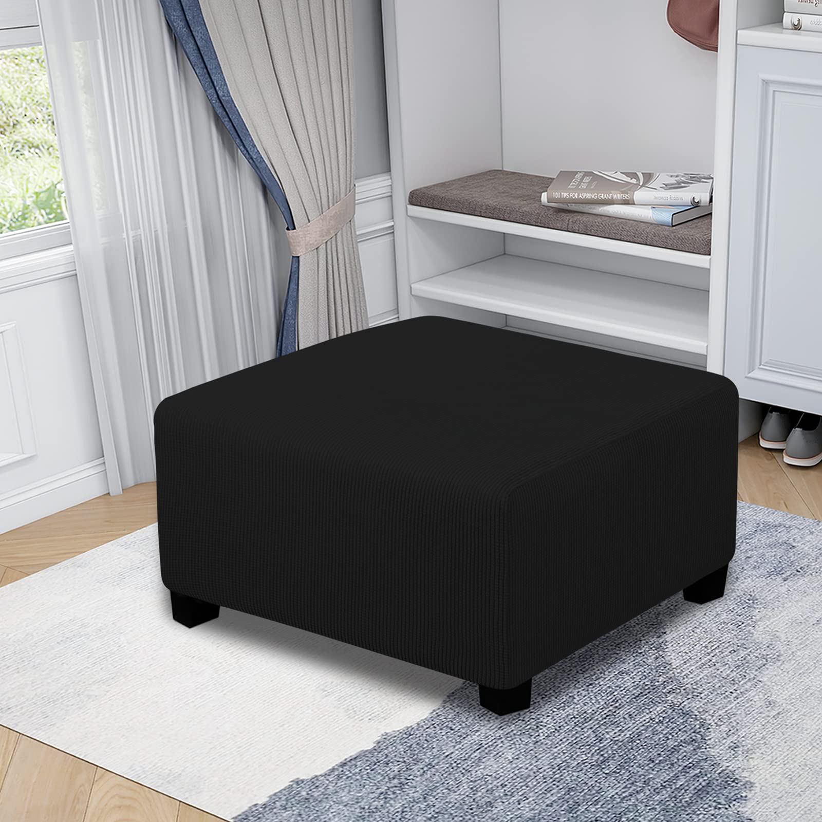 Easy-Going Stretch Square Ottoman Cover Folding Storage Stool Furniture Protector Soft Rectangle Slipcover With Elastic Bottom (30X30X15Inch, Natural)