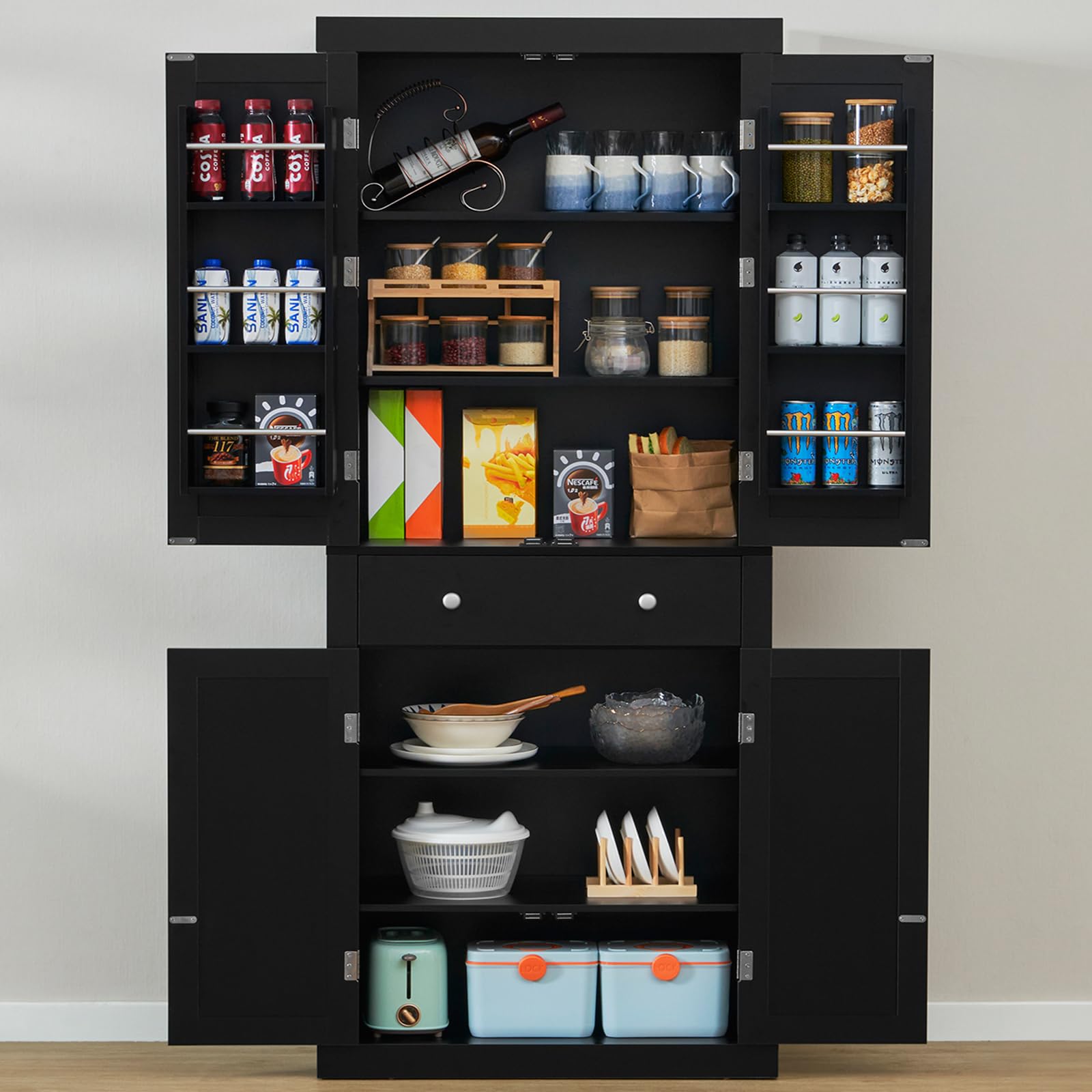 usikey 72    Kitchen Pantry Cabinet, Tall Storage Cabinet with 4 Doors and 1 Drawer, Freestanding Cupboard with 6 Hanging Shelve